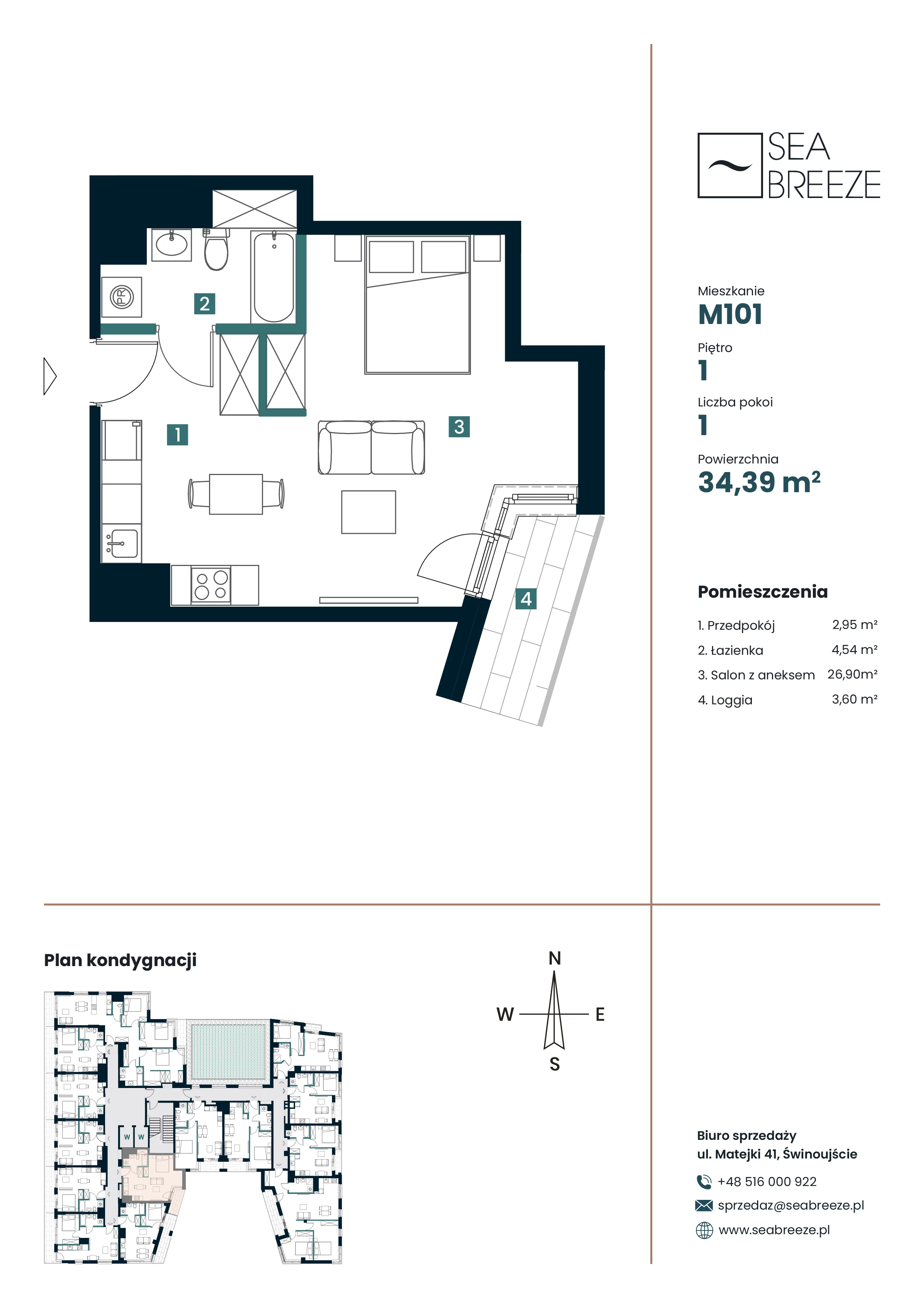 1 pokój, apartament 34,39 m², piętro 1, oferta nr M101, SeaBreeze, Świnoujście, Osiedle Matejki, ul. Jana Matejki 41
