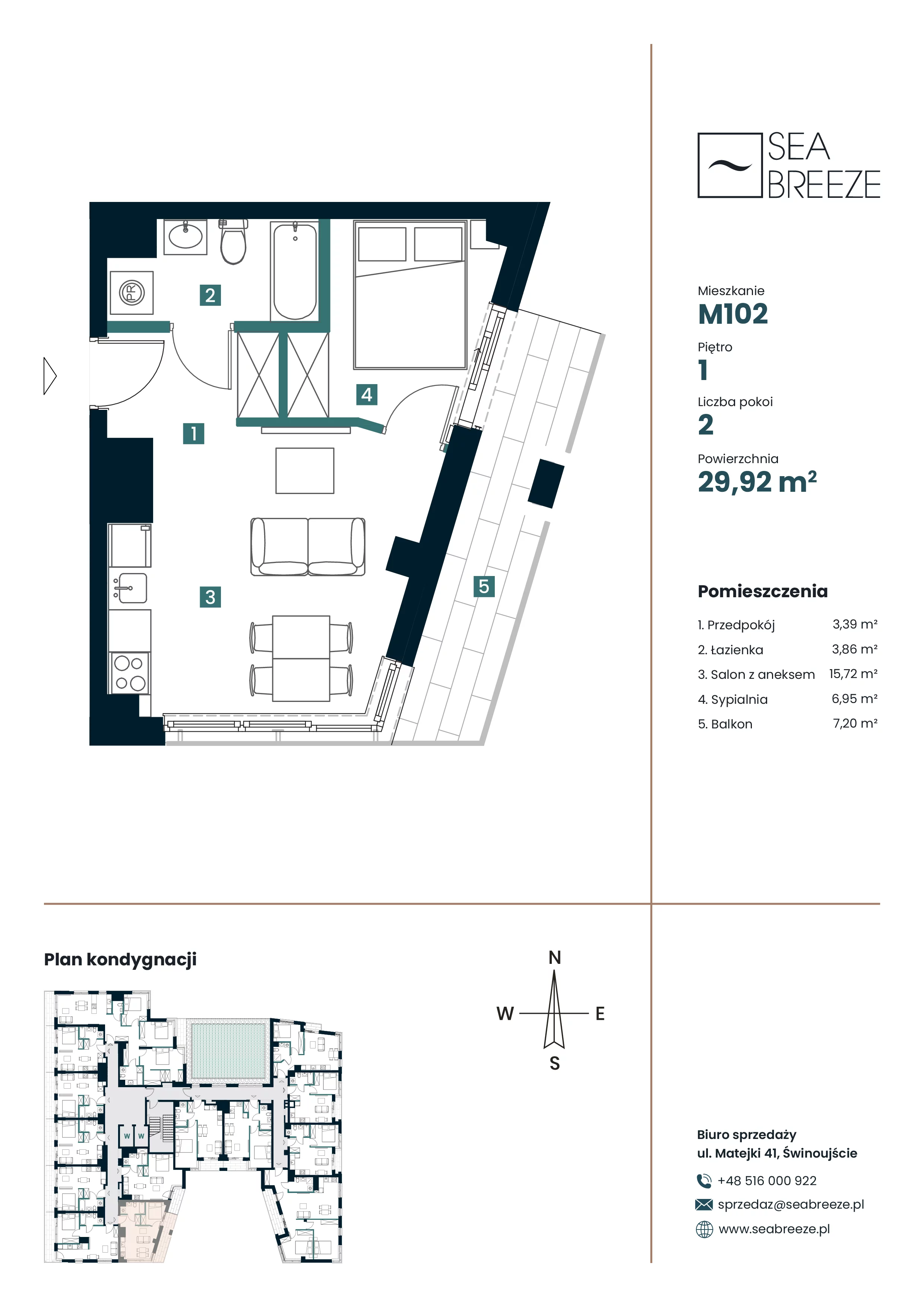 2 pokoje, apartament 29,92 m², piętro 1, oferta nr M102, SeaBreeze, Świnoujście, Osiedle Matejki, ul. Jana Matejki 41