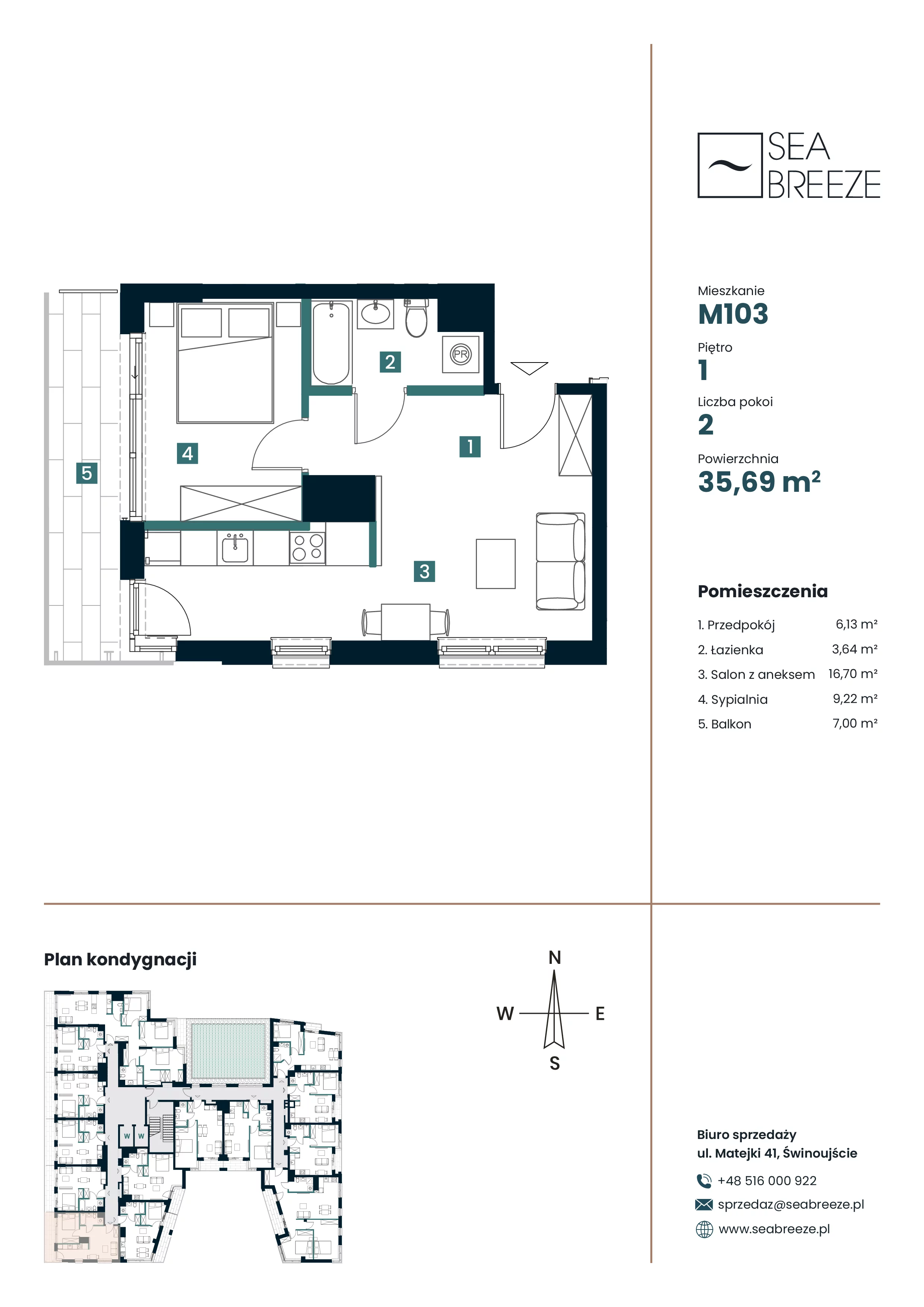 2 pokoje, apartament 35,69 m², piętro 1, oferta nr M103, SeaBreeze, Świnoujście, Osiedle Matejki, ul. Jana Matejki 41