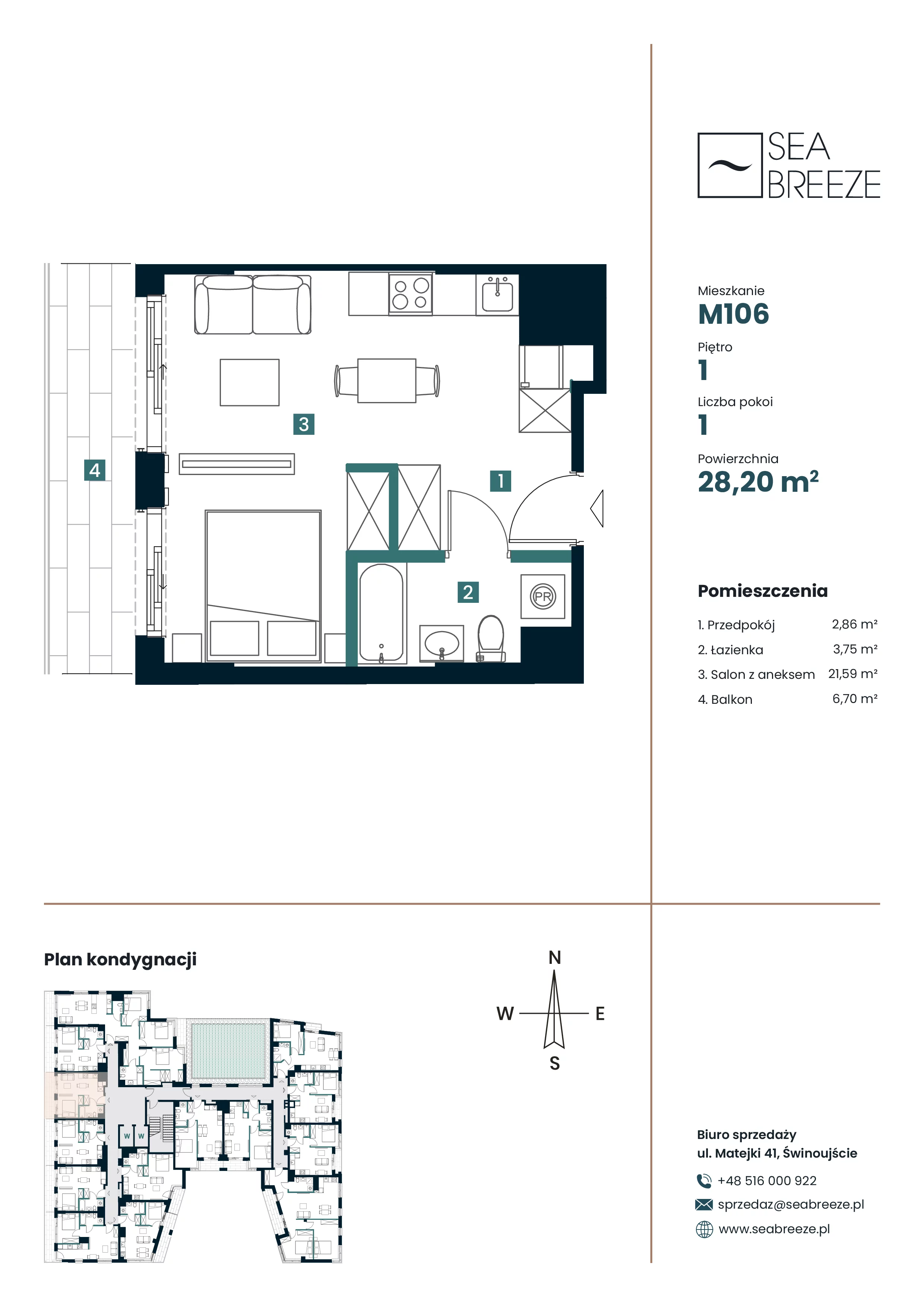 1 pokój, apartament 28,20 m², piętro 1, oferta nr M106, SeaBreeze, Świnoujście, Osiedle Matejki, ul. Jana Matejki 41