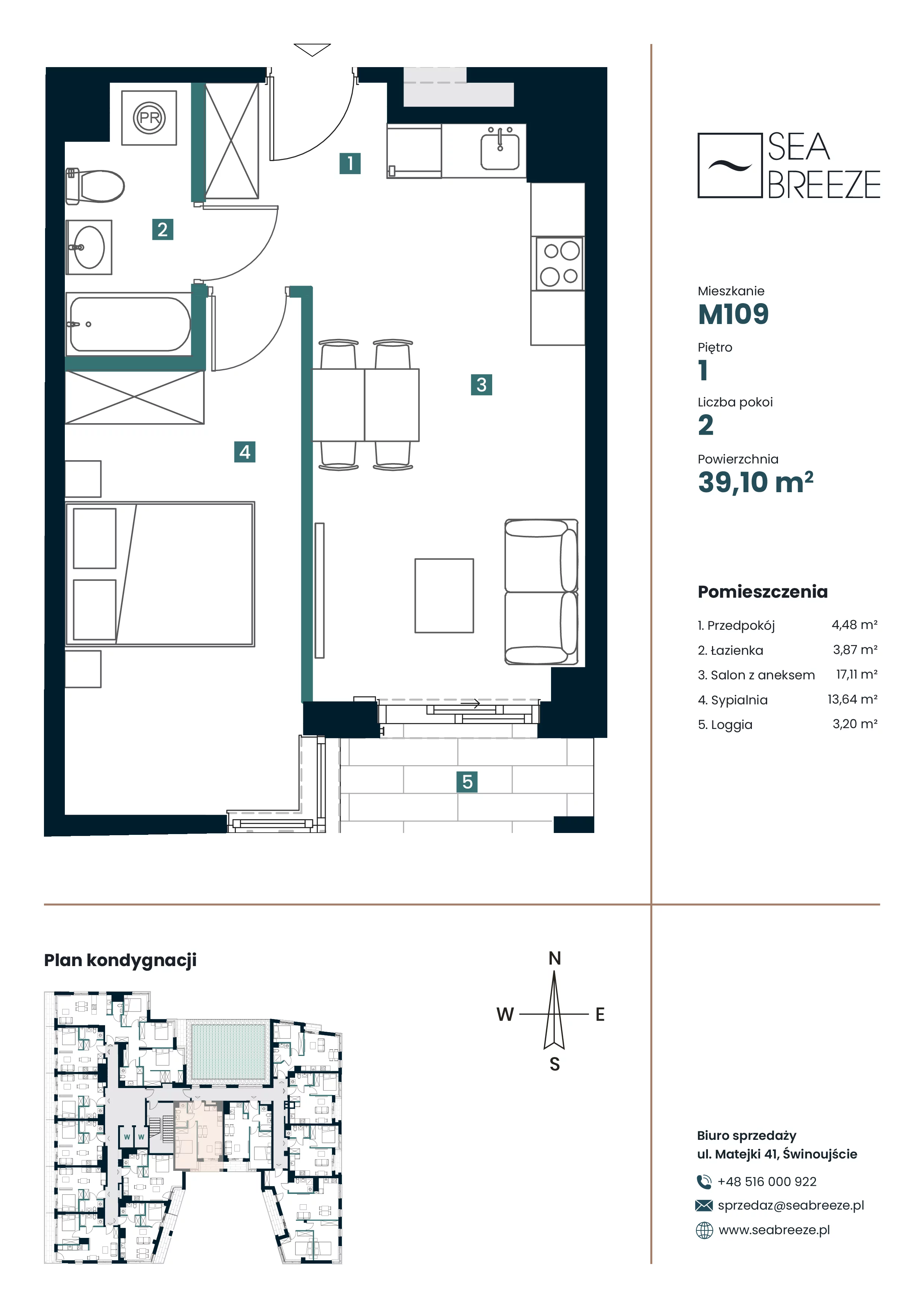 2 pokoje, apartament 39,10 m², piętro 1, oferta nr M109, SeaBreeze, Świnoujście, Osiedle Matejki, ul. Jana Matejki 41