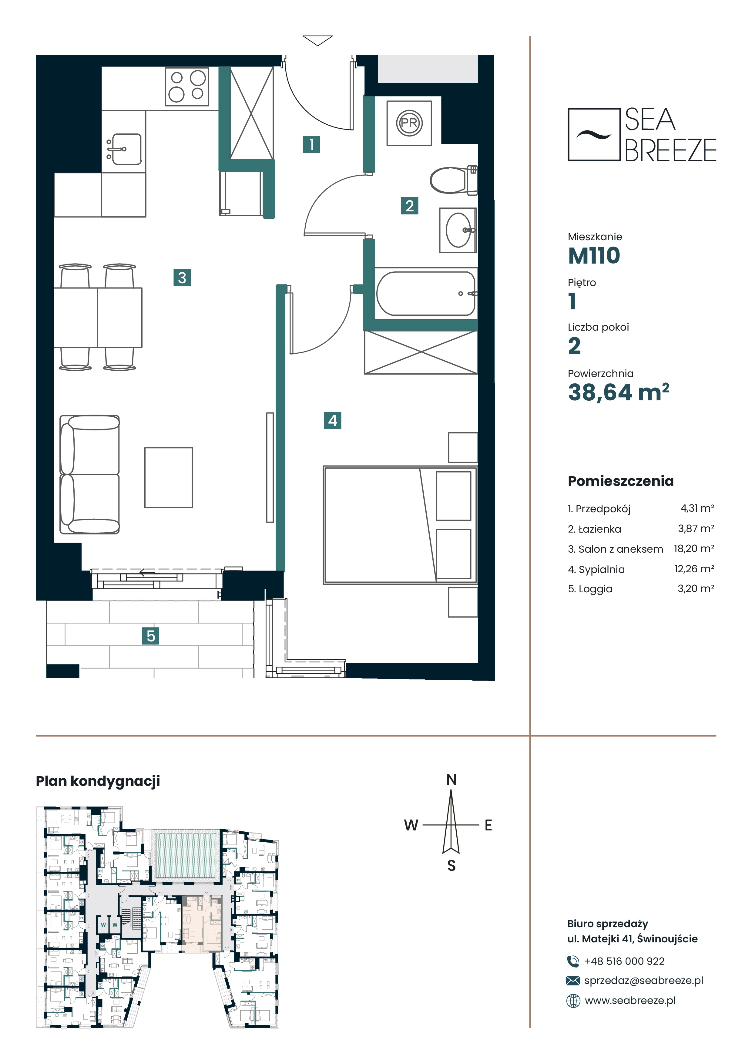 2 pokoje, apartament 38,64 m², piętro 1, oferta nr M110, SeaBreeze, Świnoujście, Osiedle Matejki, ul. Jana Matejki 41