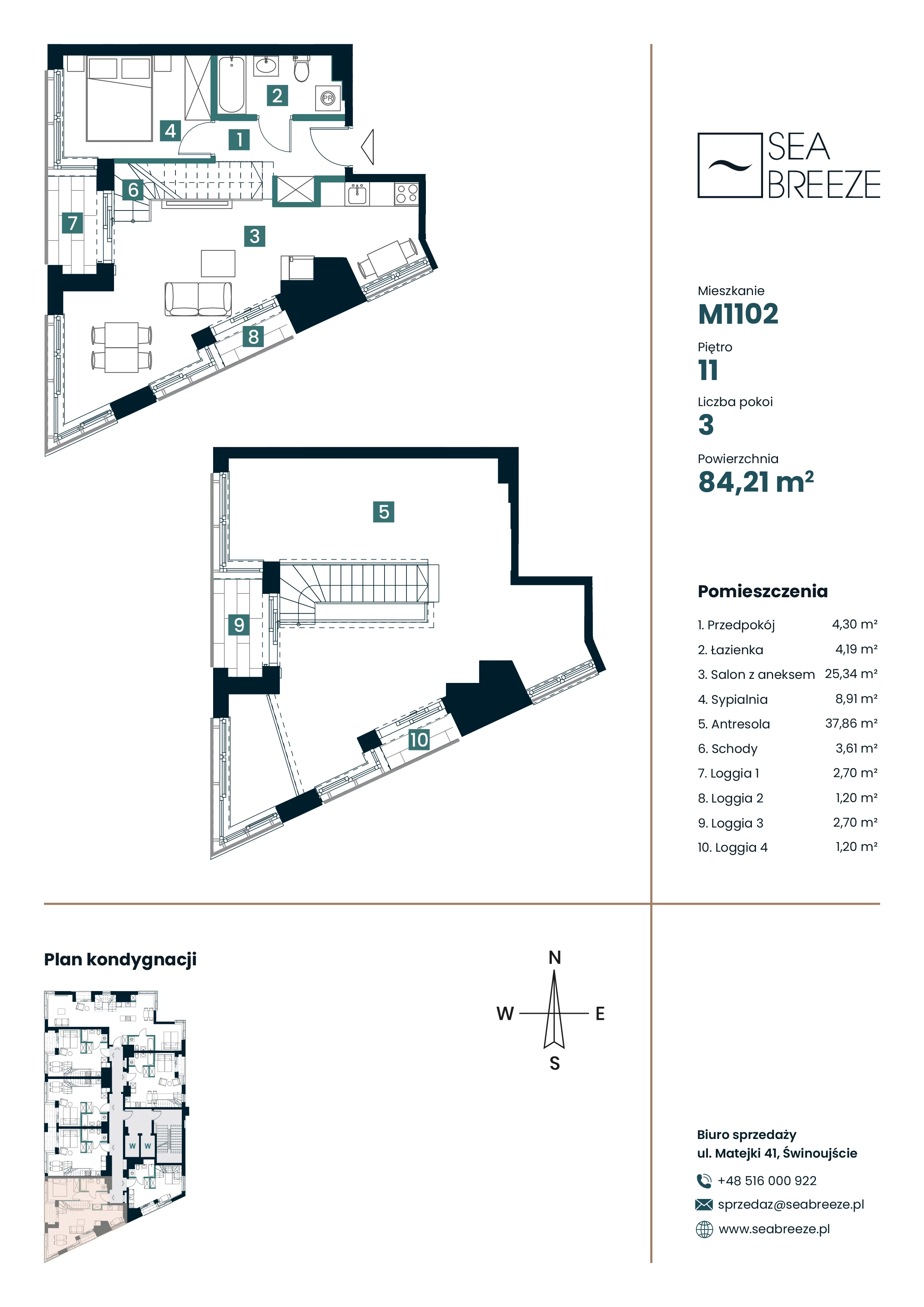 3 pokoje, apartament 84,21 m², piętro 11, oferta nr M1102, SeaBreeze, Świnoujście, Osiedle Matejki, ul. Jana Matejki 41