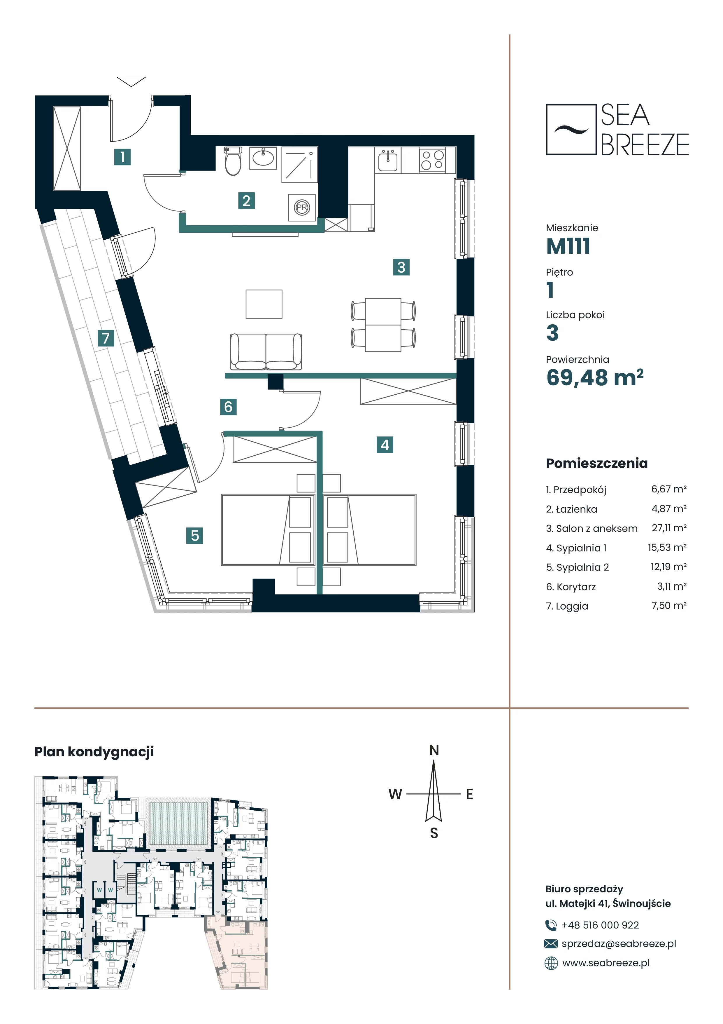 3 pokoje, apartament 69,48 m², piętro 1, oferta nr M111, SeaBreeze, Świnoujście, Osiedle Matejki, ul. Jana Matejki 41