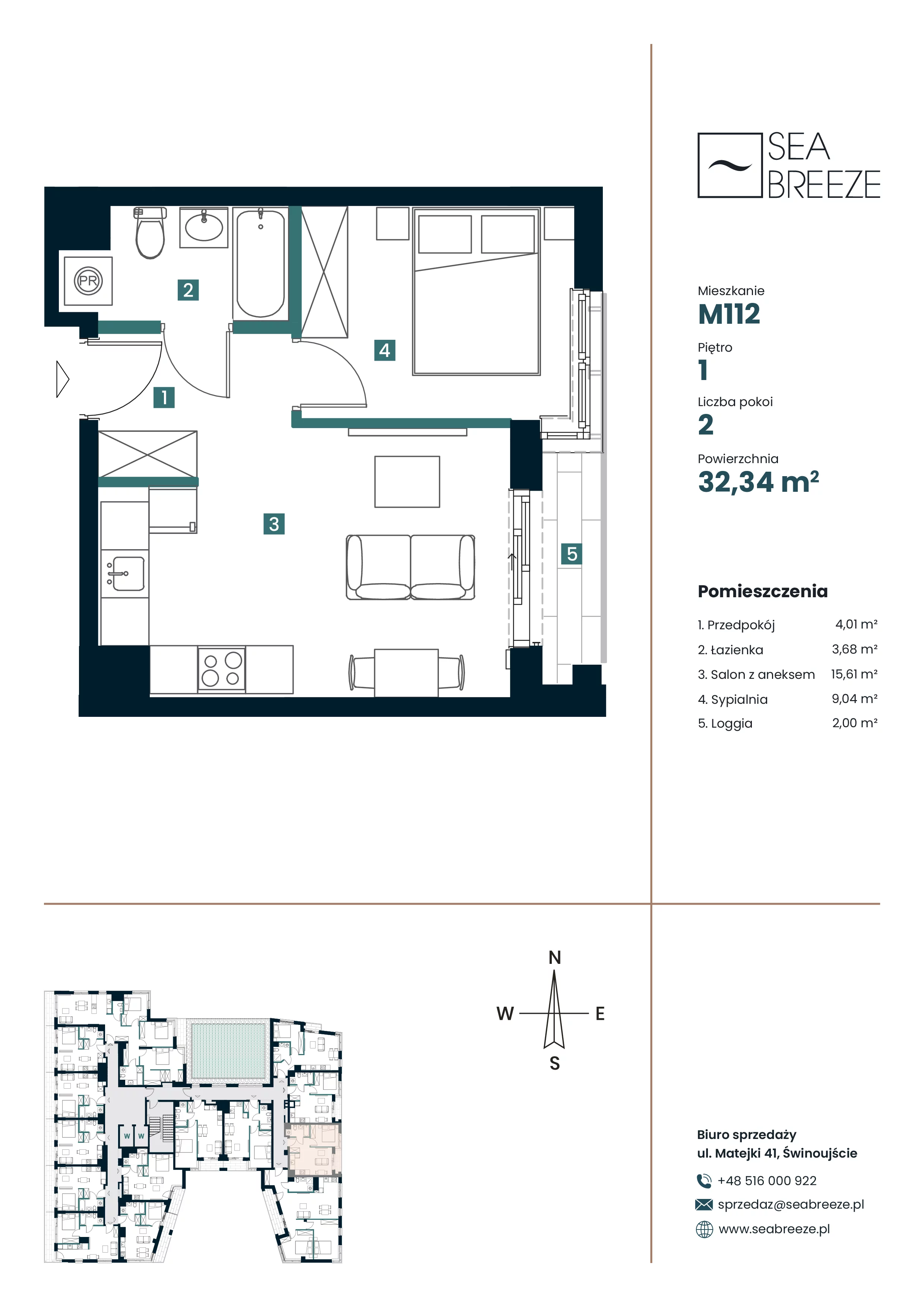 2 pokoje, apartament 32,34 m², piętro 1, oferta nr M112, SeaBreeze, Świnoujście, Osiedle Matejki, ul. Jana Matejki 41