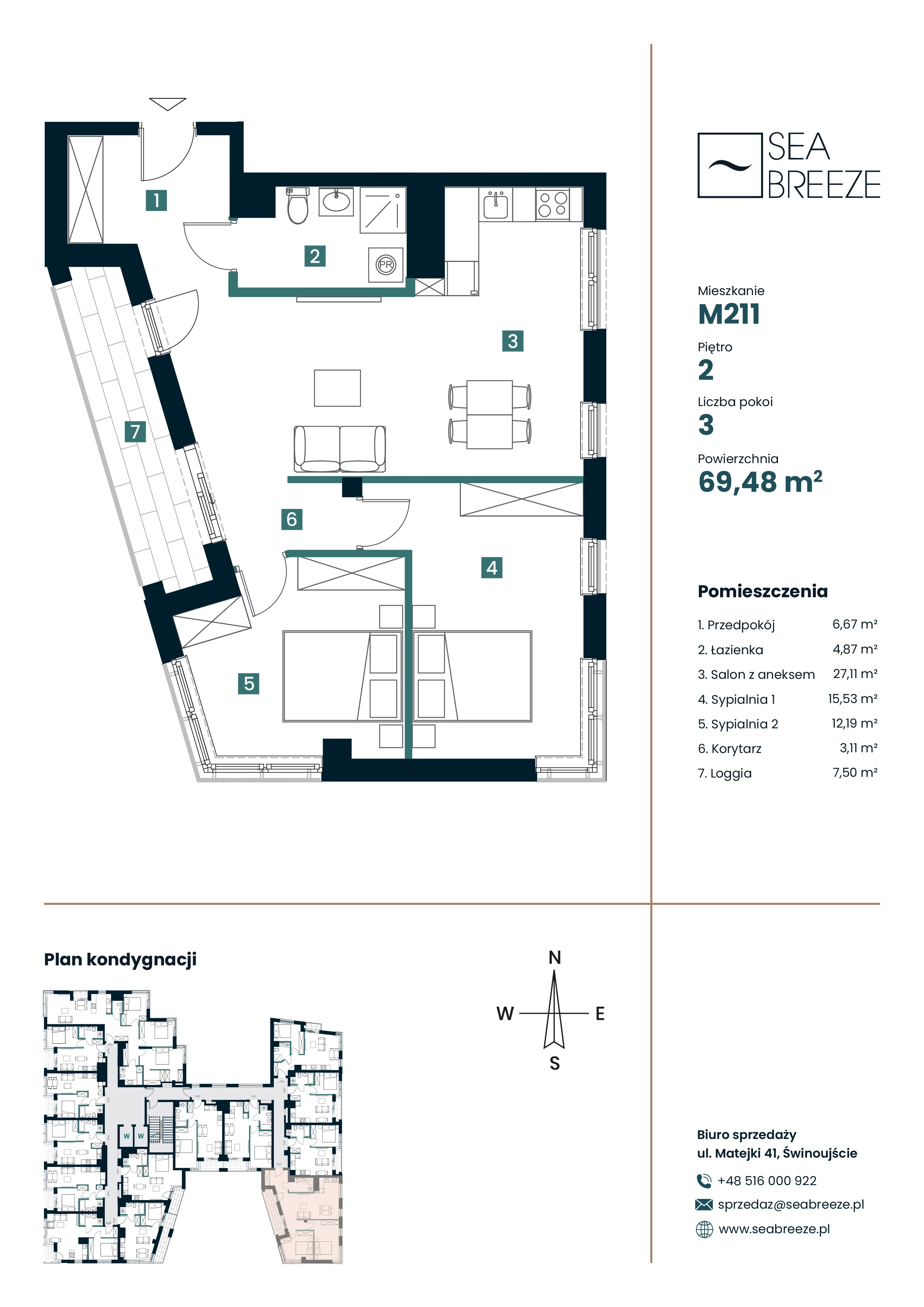 3 pokoje, apartament 69,48 m², piętro 2, oferta nr M211, SeaBreeze, Świnoujście, Osiedle Matejki, ul. Jana Matejki 41