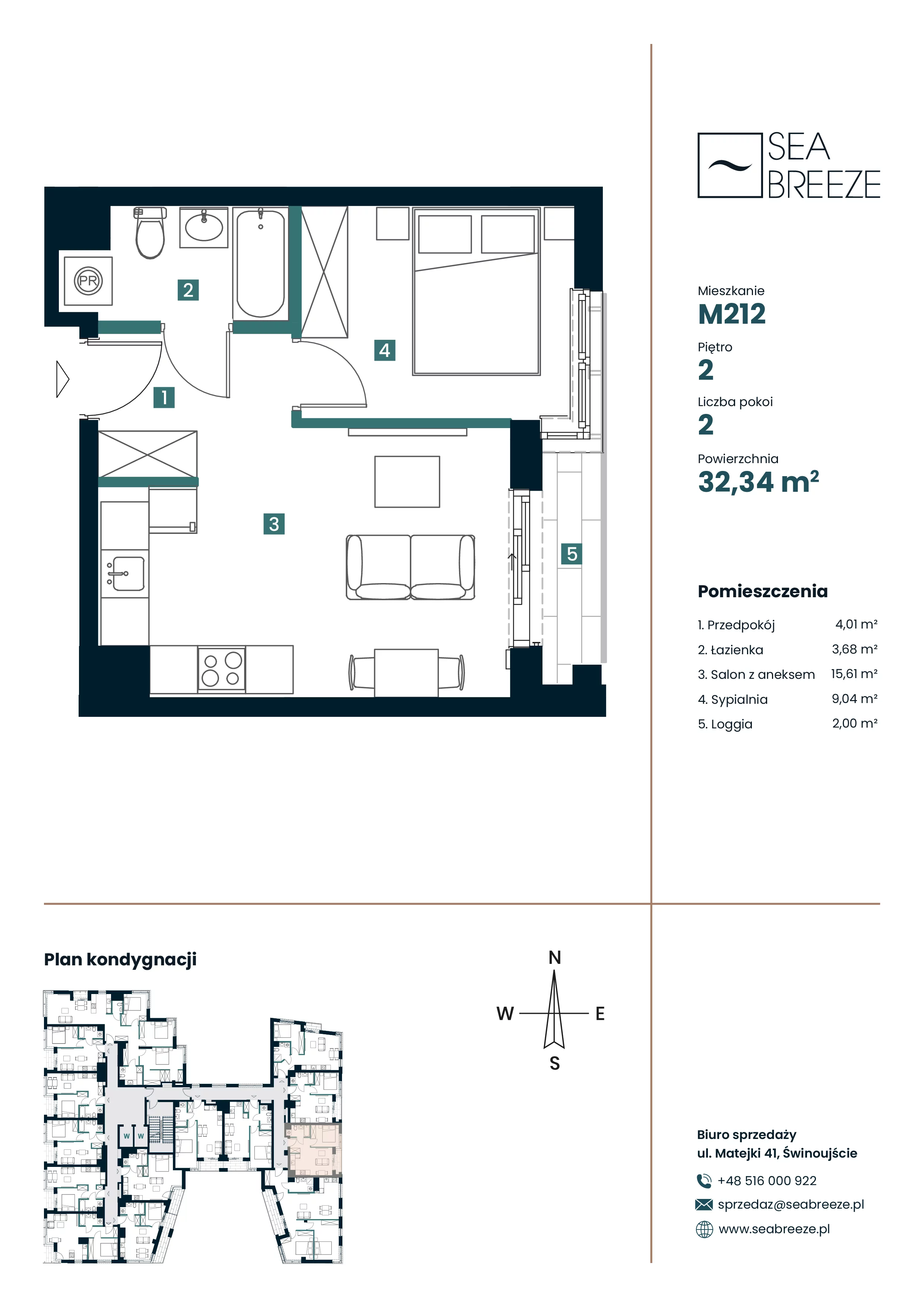 2 pokoje, apartament 32,34 m², piętro 2, oferta nr M212, SeaBreeze, Świnoujście, Osiedle Matejki, ul. Jana Matejki 41
