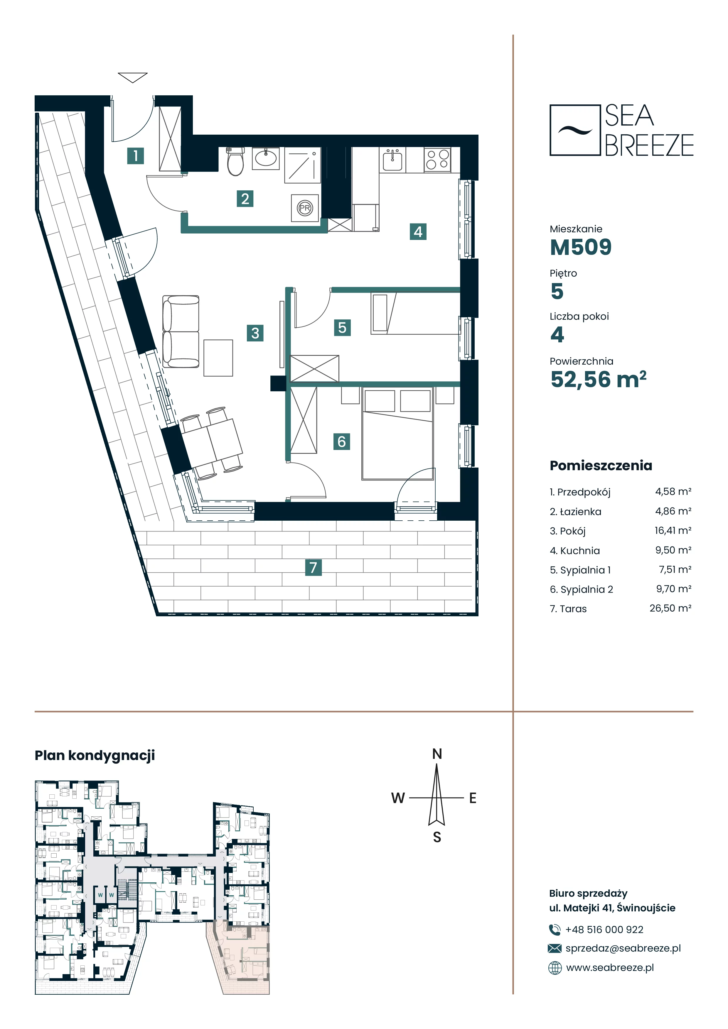 3 pokoje, apartament 52,85 m², piętro 5, oferta nr M509, SeaBreeze, Świnoujście, Osiedle Matejki, ul. Jana Matejki 41