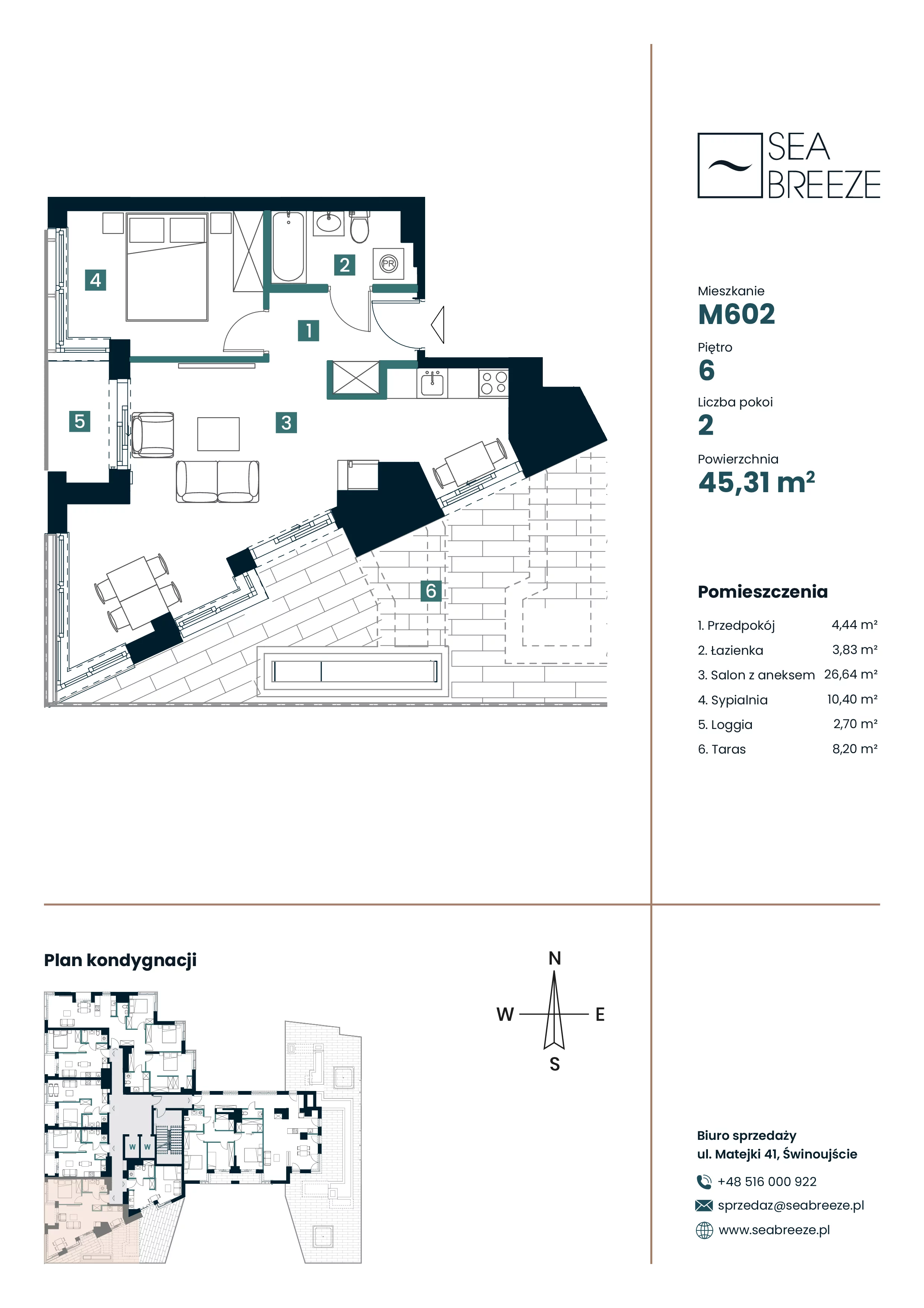 2 pokoje, apartament 45,31 m², piętro 6, oferta nr M602, SeaBreeze, Świnoujście, Osiedle Matejki, ul. Jana Matejki 41