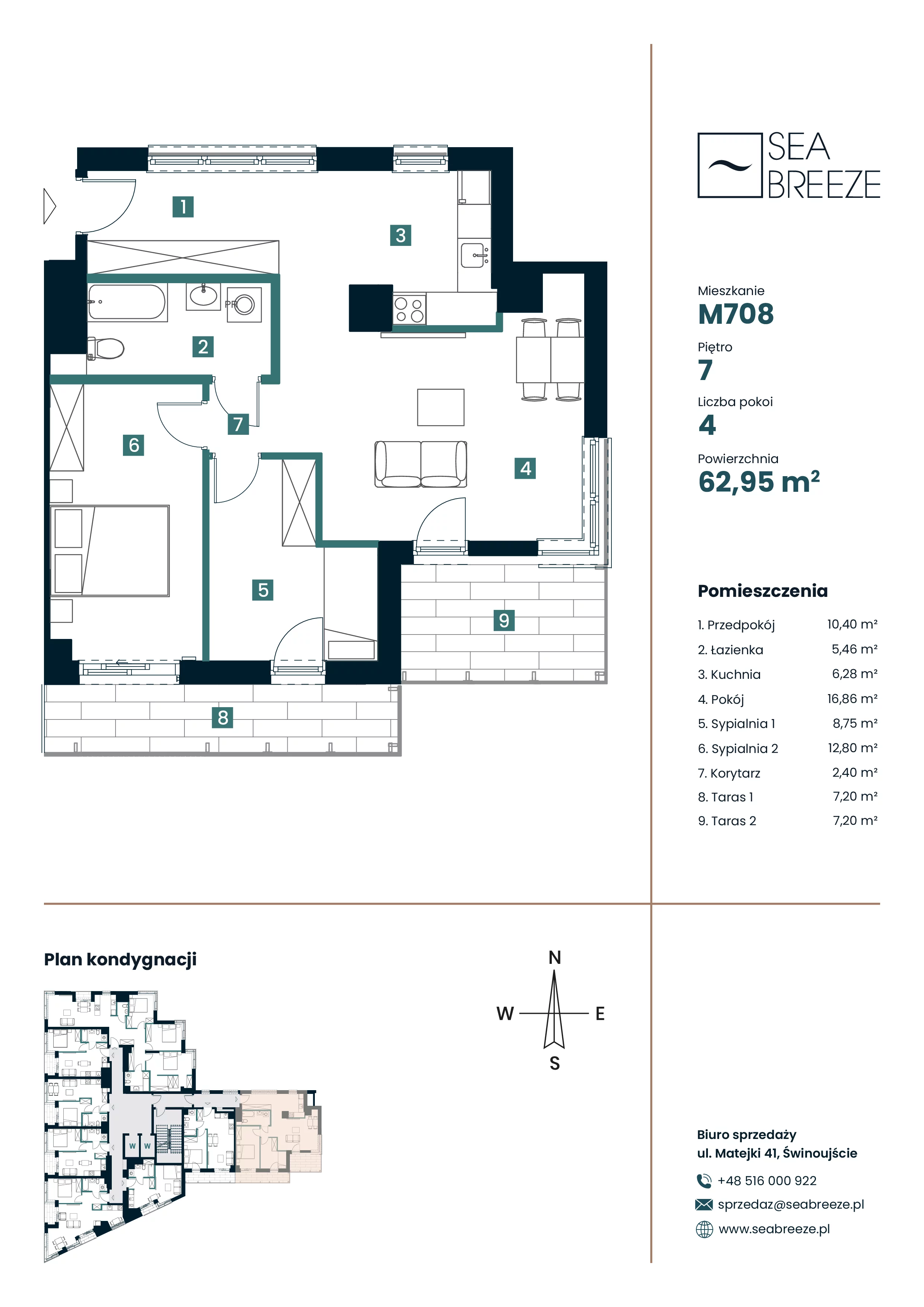 3 pokoje, apartament 62,95 m², piętro 7, oferta nr M708, SeaBreeze, Świnoujście, Osiedle Matejki, ul. Jana Matejki 41