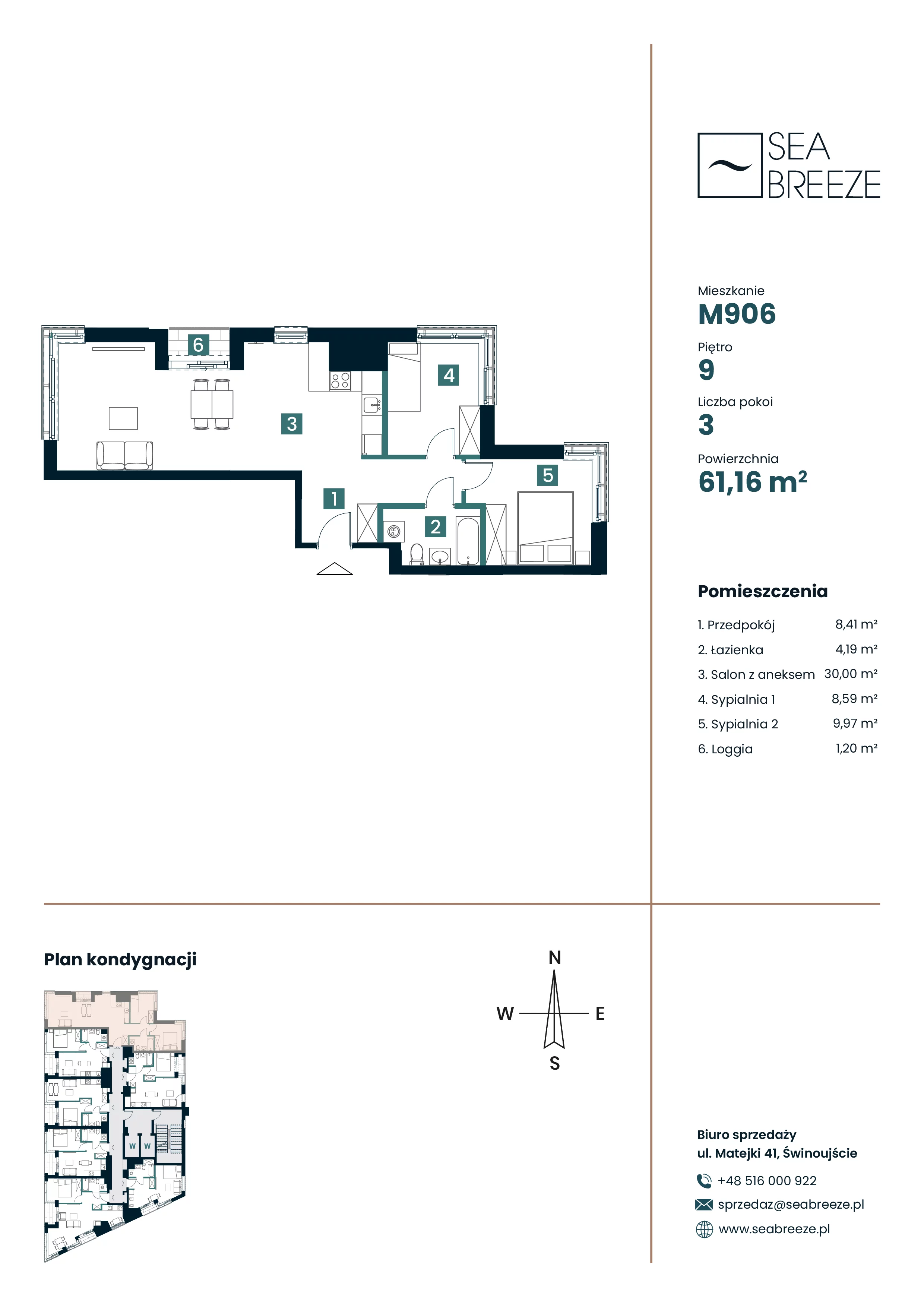 3 pokoje, apartament 61,16 m², piętro 9, oferta nr M906, SeaBreeze, Świnoujście, Osiedle Matejki, ul. Jana Matejki 41
