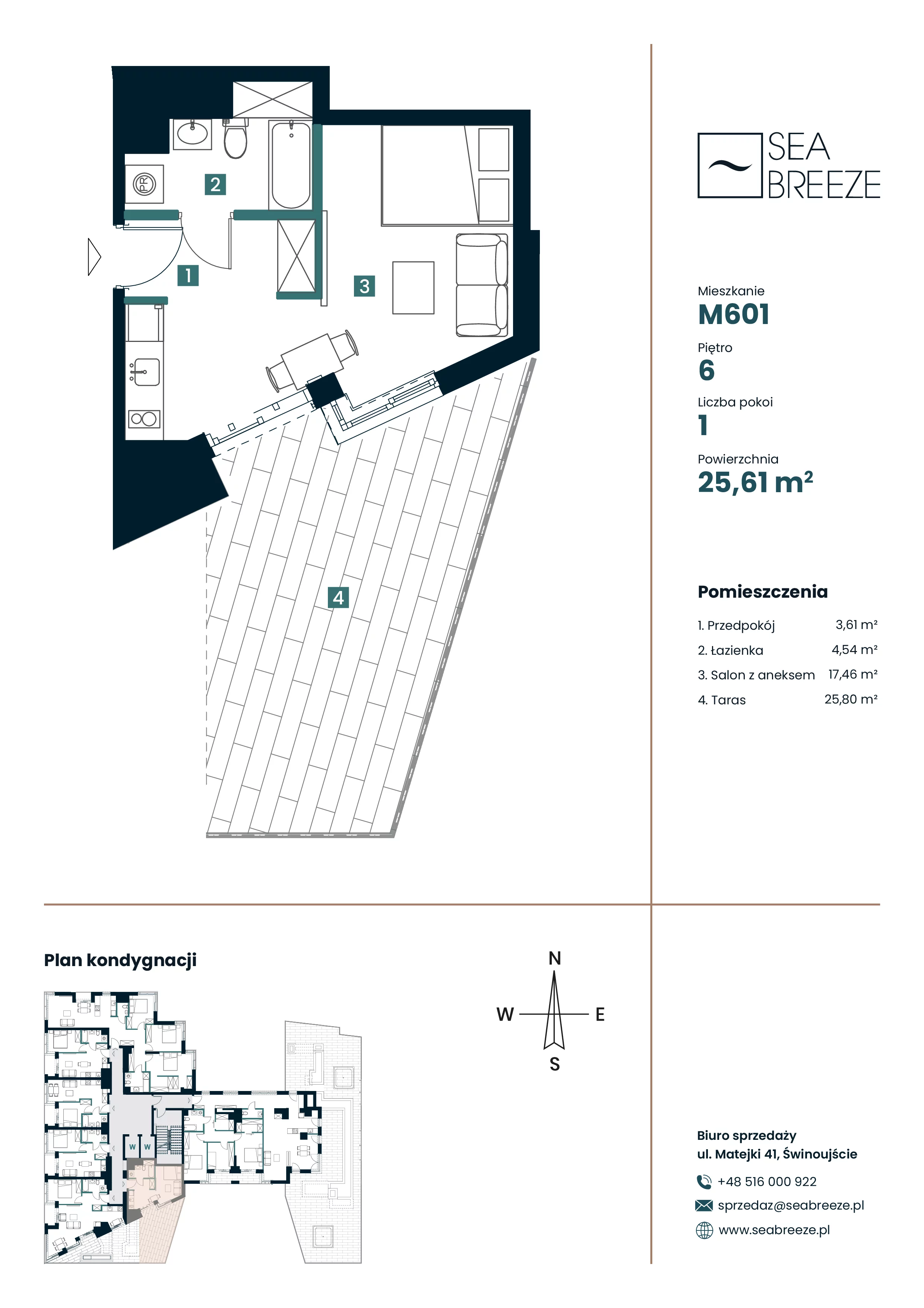 1 pokój, apartament 25,61 m², piętro 6, oferta nr M601, SeaBreeze, Świnoujście, Osiedle Matejki, ul. Jana Matejki 41