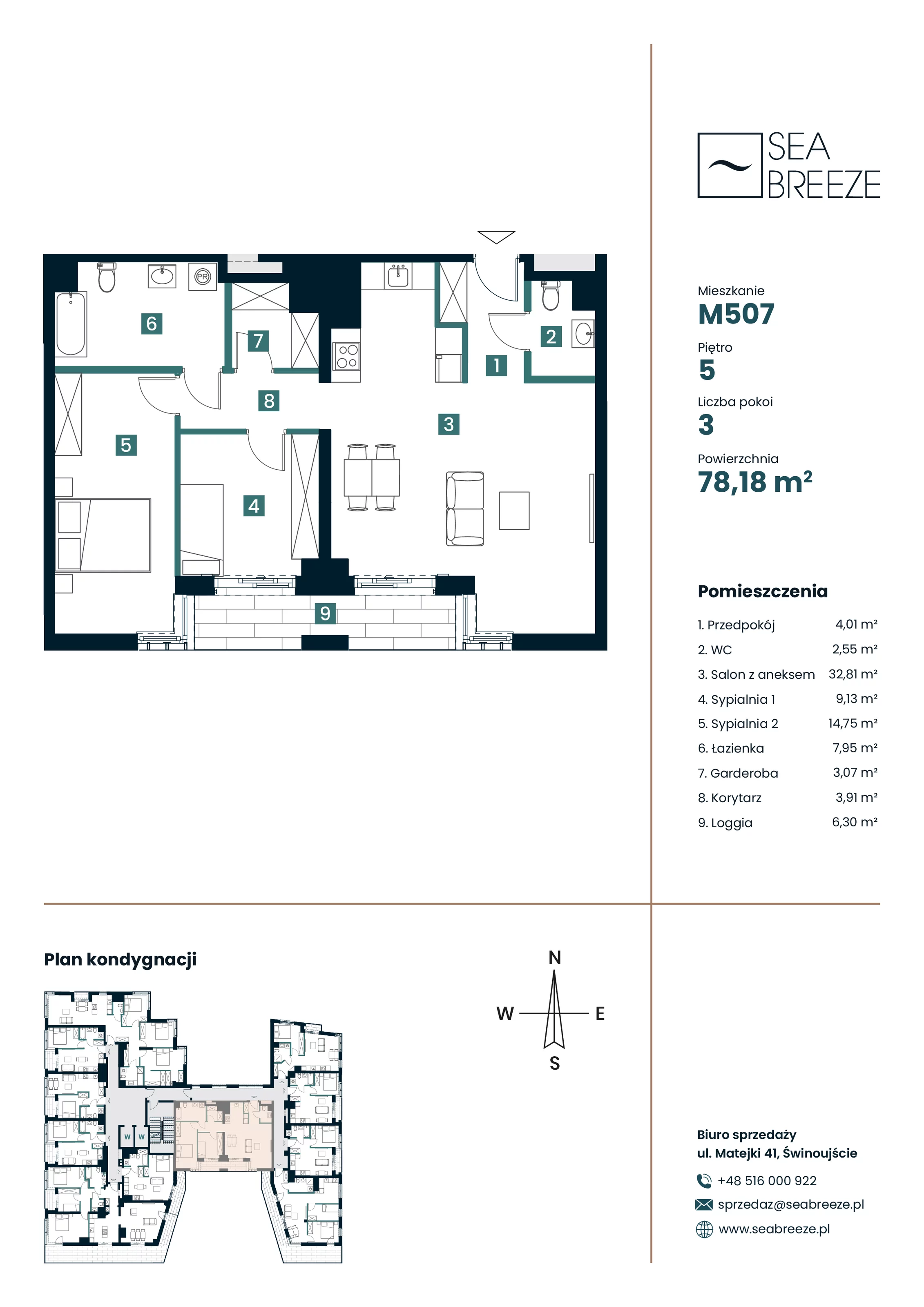 3 pokoje, apartament 78,18 m², piętro 5, oferta nr M507, SeaBreeze, Świnoujście, Osiedle Matejki, ul. Jana Matejki 41