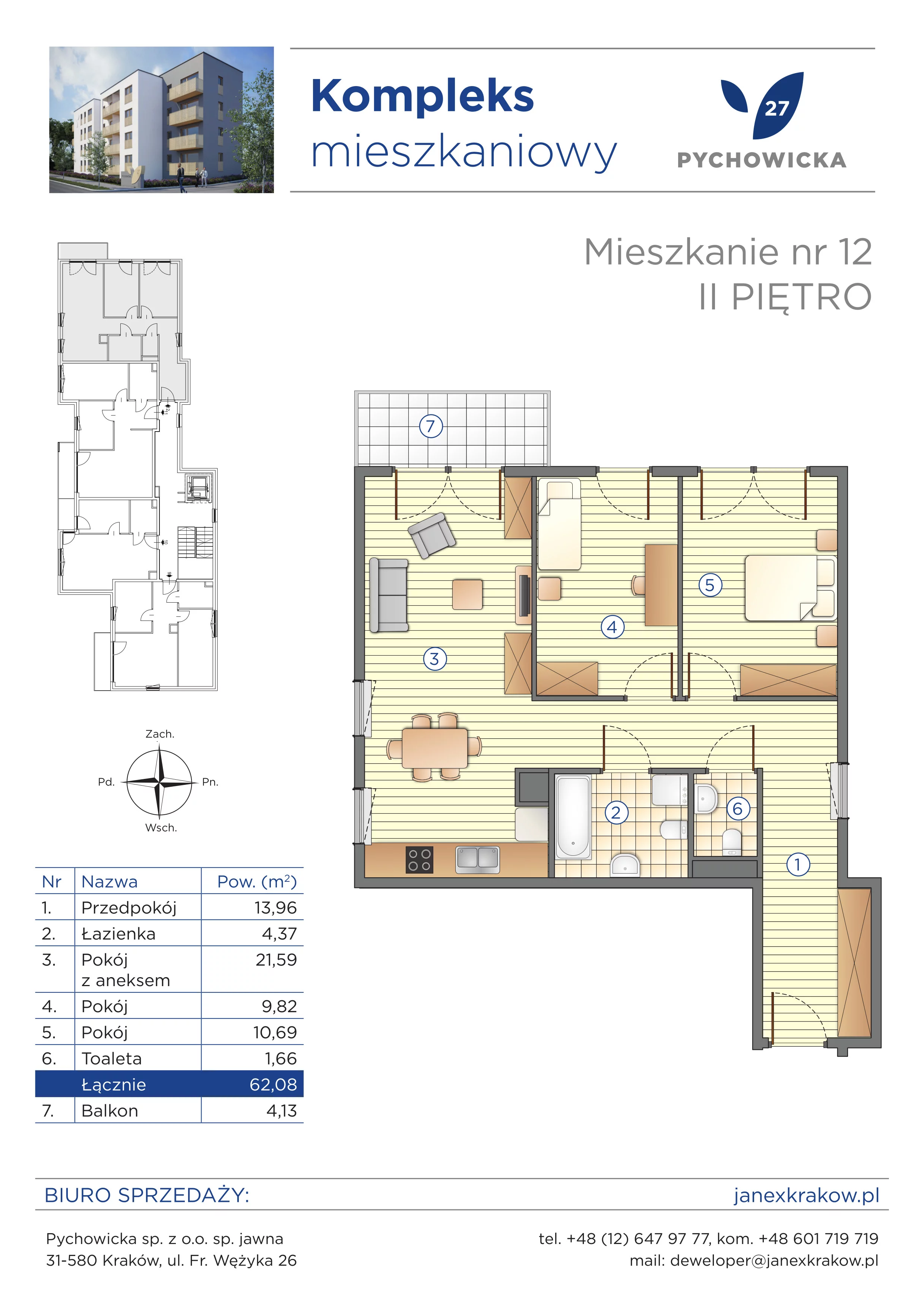 3 pokoje, mieszkanie 62,08 m², piętro 2, oferta nr 12, Pychowicka 27, Kraków, Dębniki, Zakrzówek, ul. Pychowicka 27