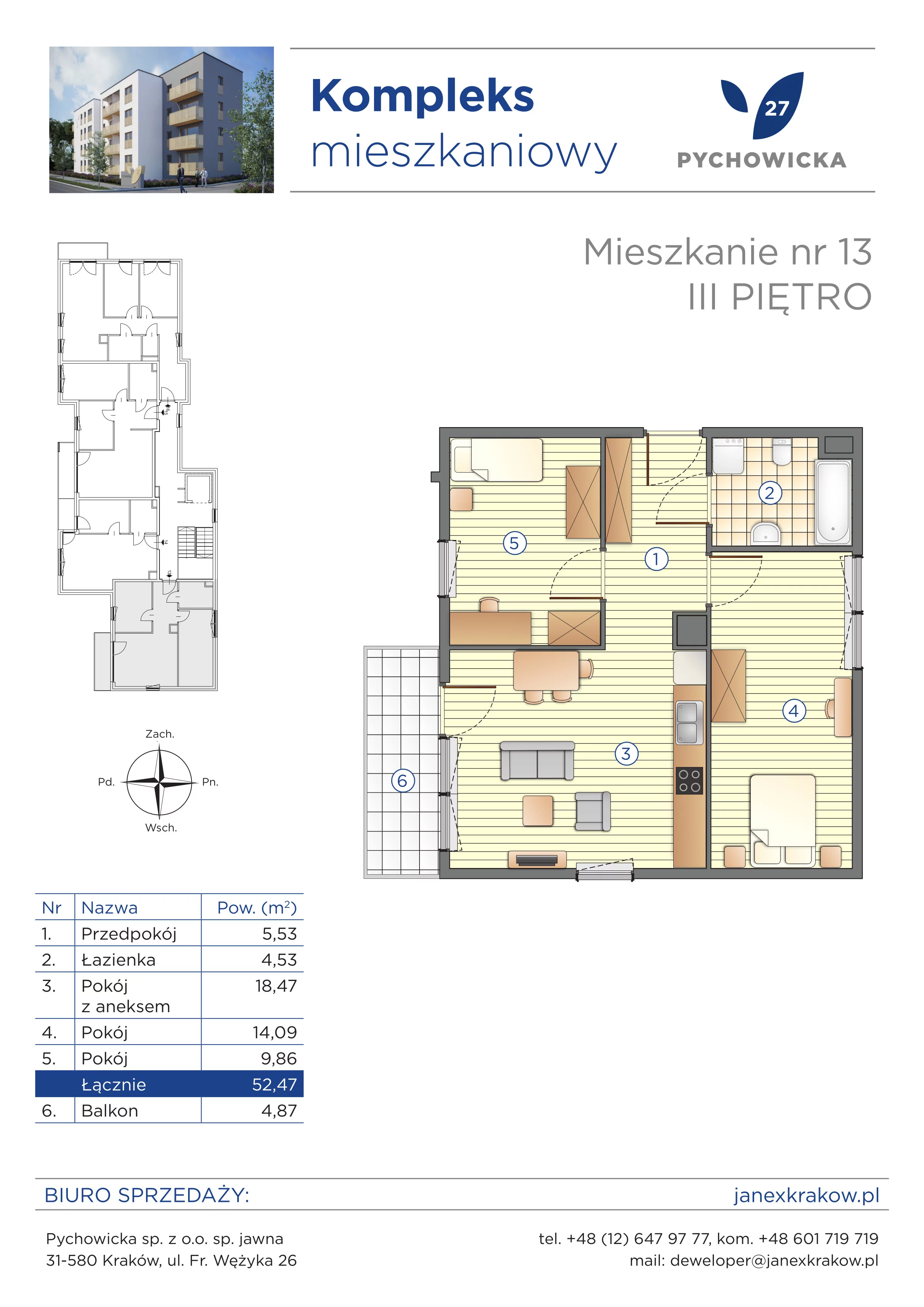 3 pokoje, mieszkanie 52,47 m², piętro 3, oferta nr 13, Pychowicka 27, Kraków, Dębniki, Zakrzówek, ul. Pychowicka 27