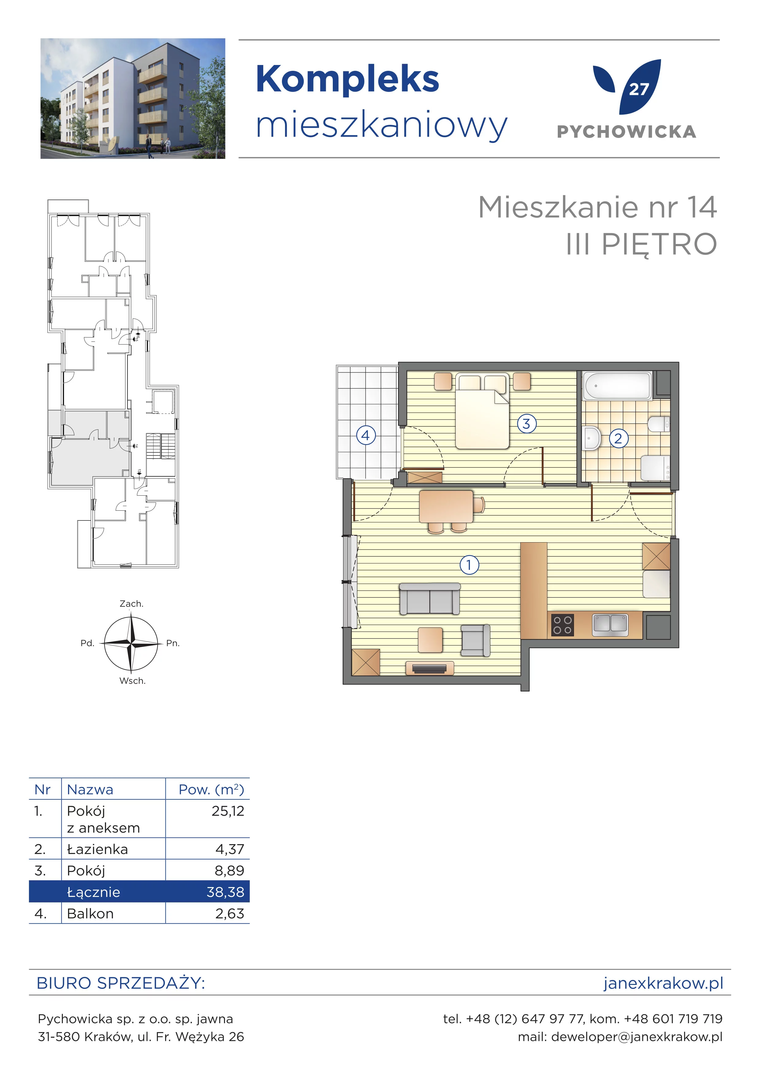 2 pokoje, mieszkanie 38,38 m², piętro 3, oferta nr 14, Pychowicka 27, Kraków, Dębniki, Zakrzówek, ul. Pychowicka 27