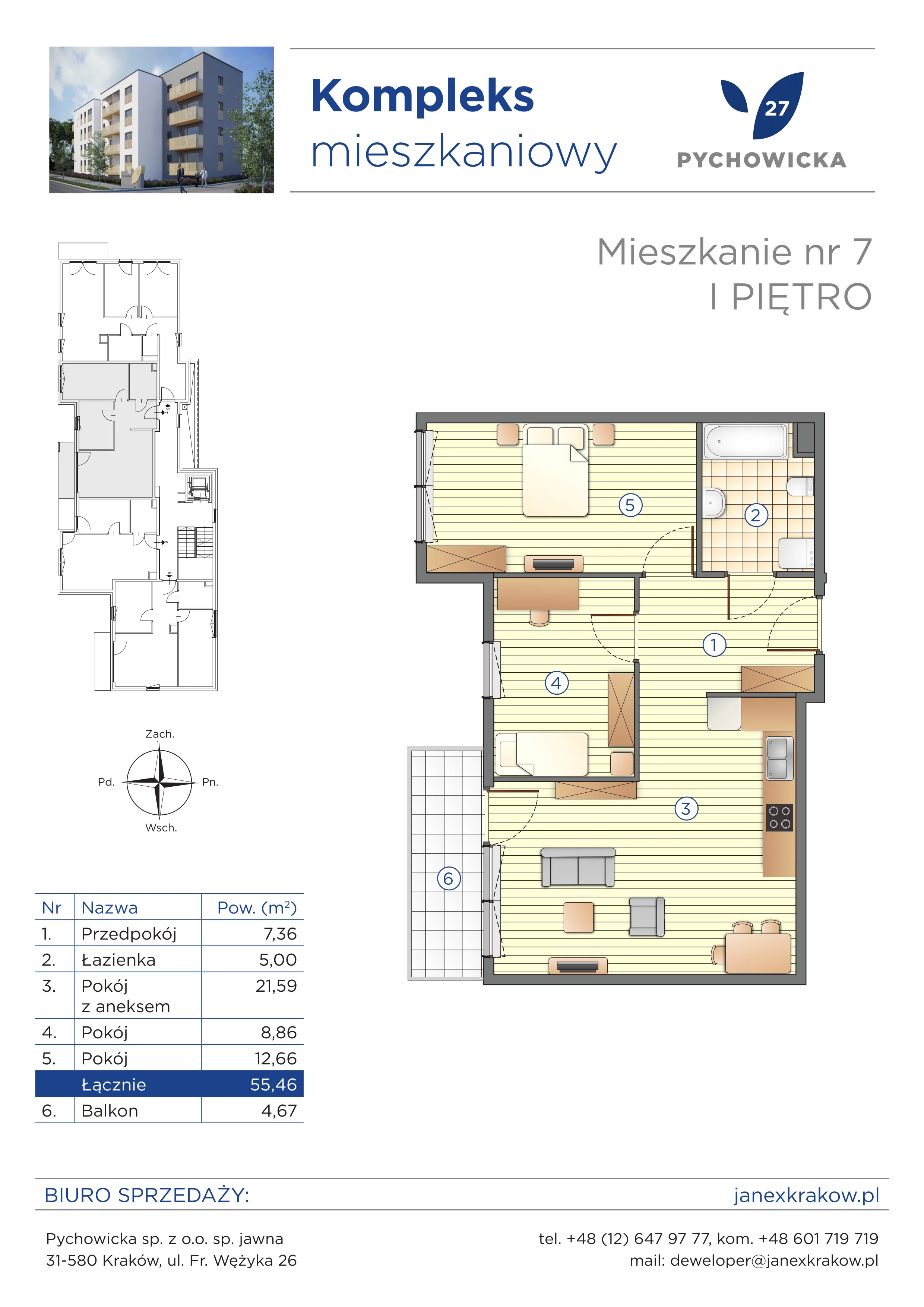 3 pokoje, mieszkanie 55,46 m², piętro 1, oferta nr 7, Pychowicka 27, Kraków, Dębniki, Zakrzówek, ul. Pychowicka 27