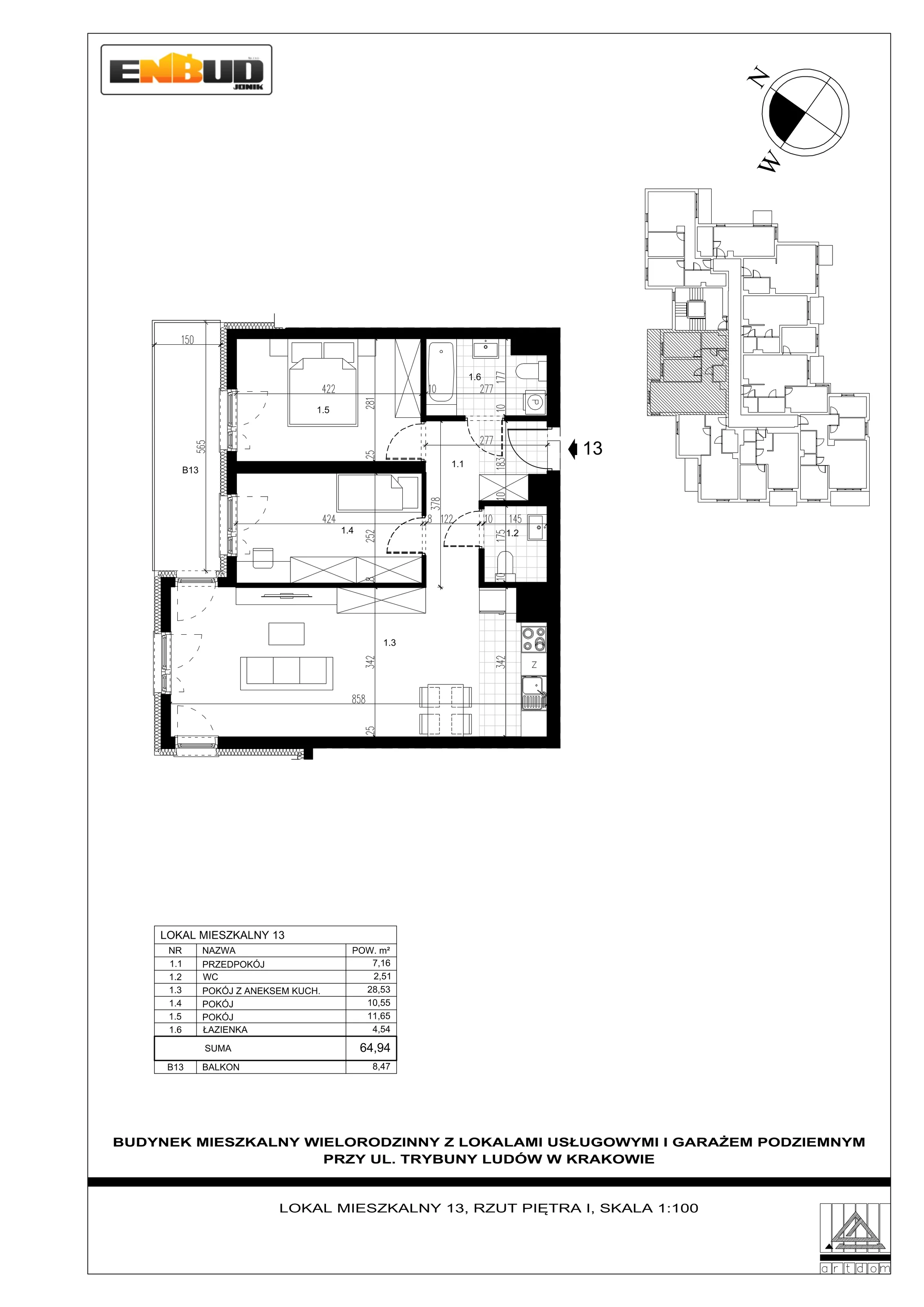 3 pokoje, apartament 64,94 m², piętro 1, oferta nr M13, Trybuny Ludów 3, Kraków, Podgórze Duchackie, Wola Duchacka, ul. Trybuny Ludów 3