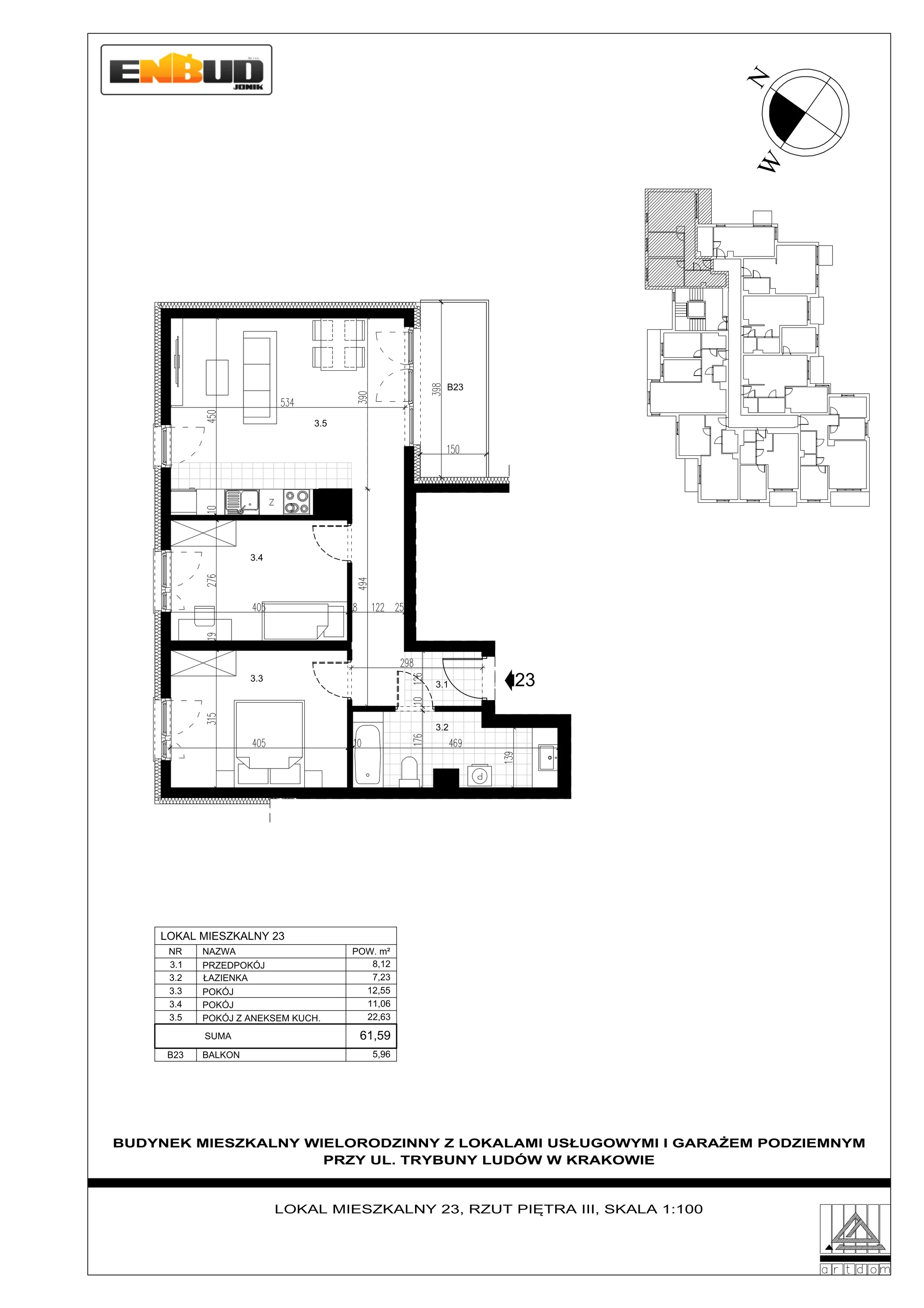 3 pokoje, apartament 61,59 m², piętro 3, oferta nr M23, Trybuny Ludów 3, Kraków, Podgórze Duchackie, Wola Duchacka, ul. Trybuny Ludów 3