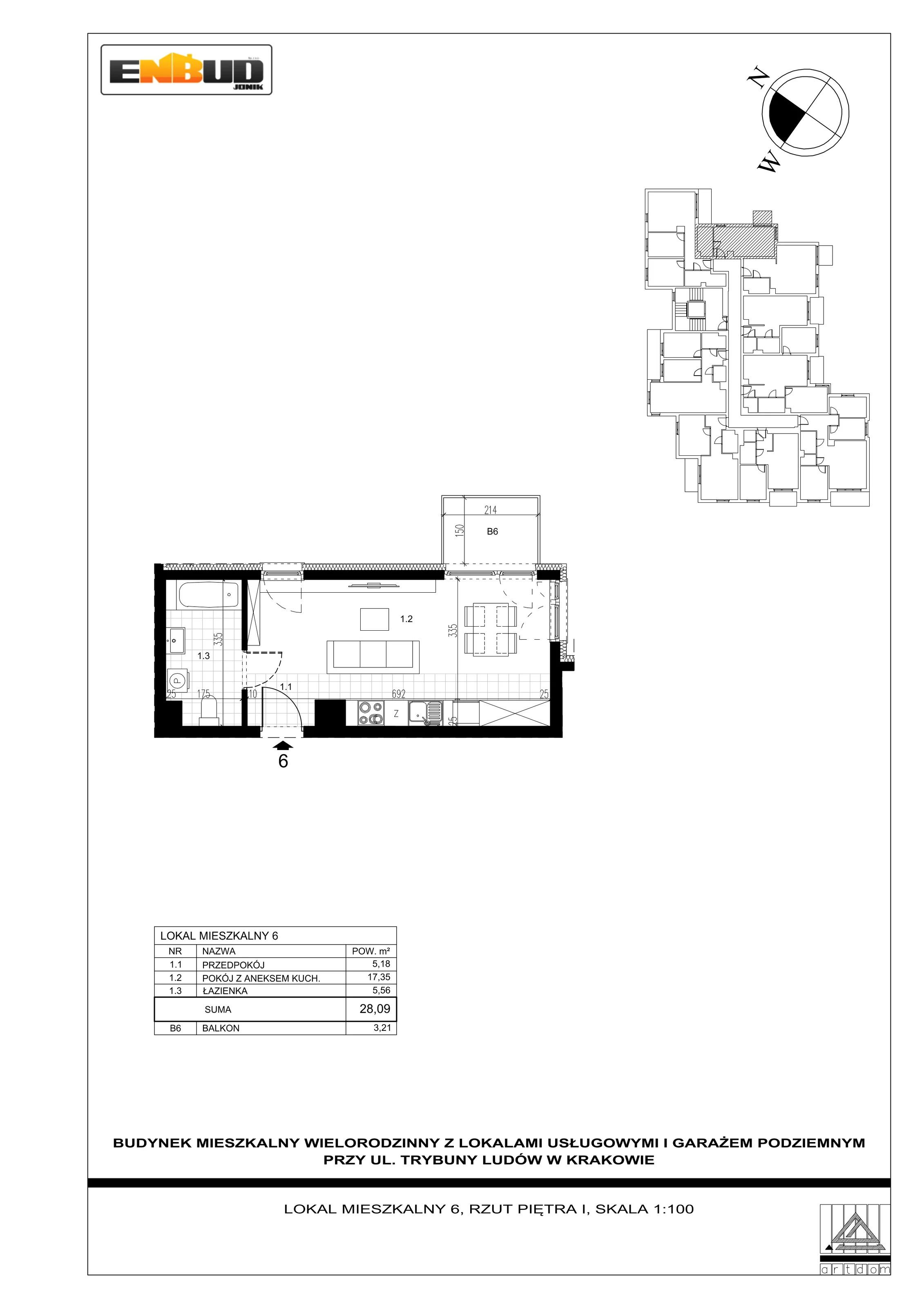 1 pokój, apartament 28,09 m², piętro 1, oferta nr M6, Trybuny Ludów 3, Kraków, Podgórze Duchackie, Wola Duchacka, ul. Trybuny Ludów 3