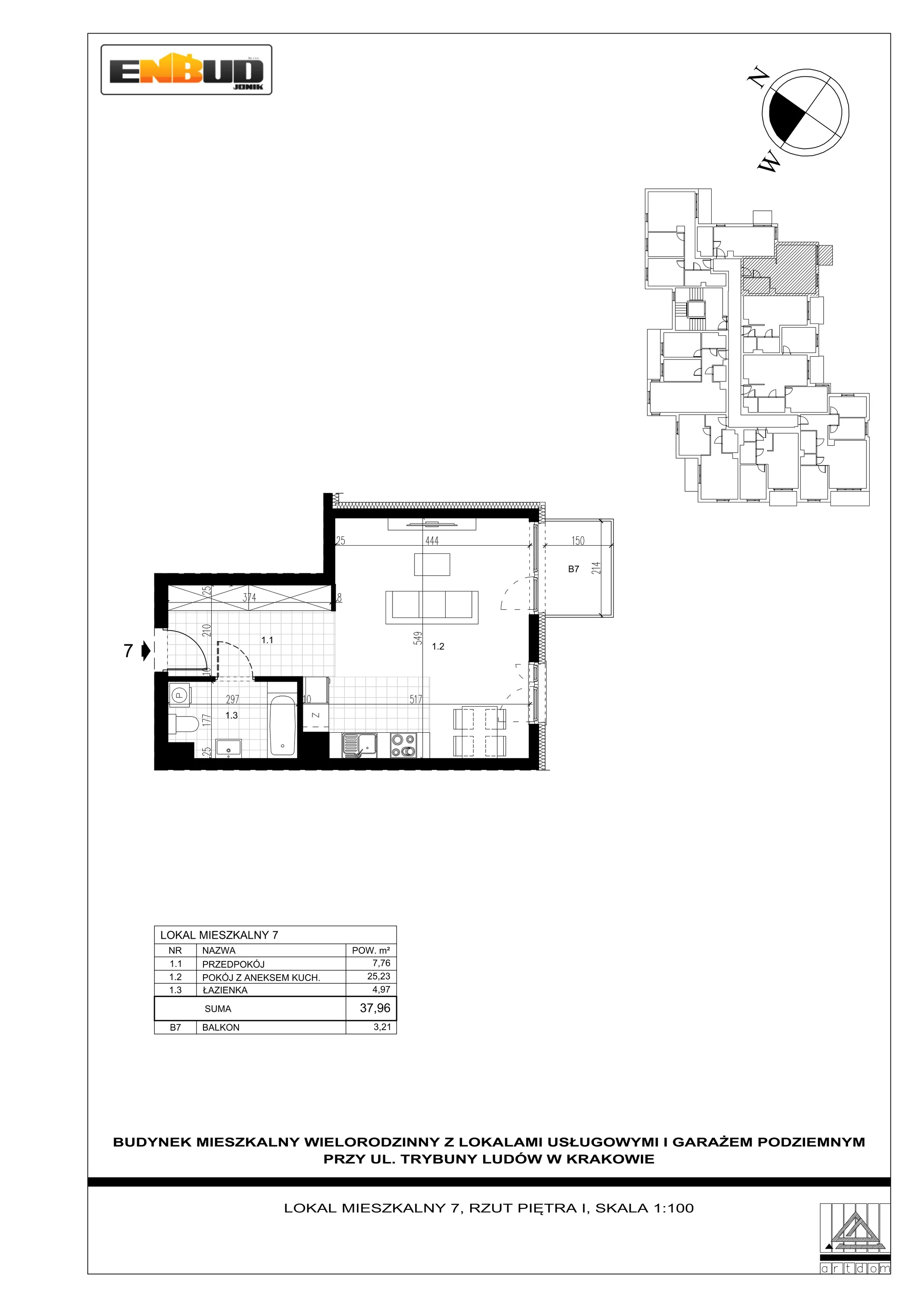 1 pokój, apartament 37,96 m², piętro 1, oferta nr M7, Trybuny Ludów 3, Kraków, Podgórze Duchackie, Wola Duchacka, ul. Trybuny Ludów 3