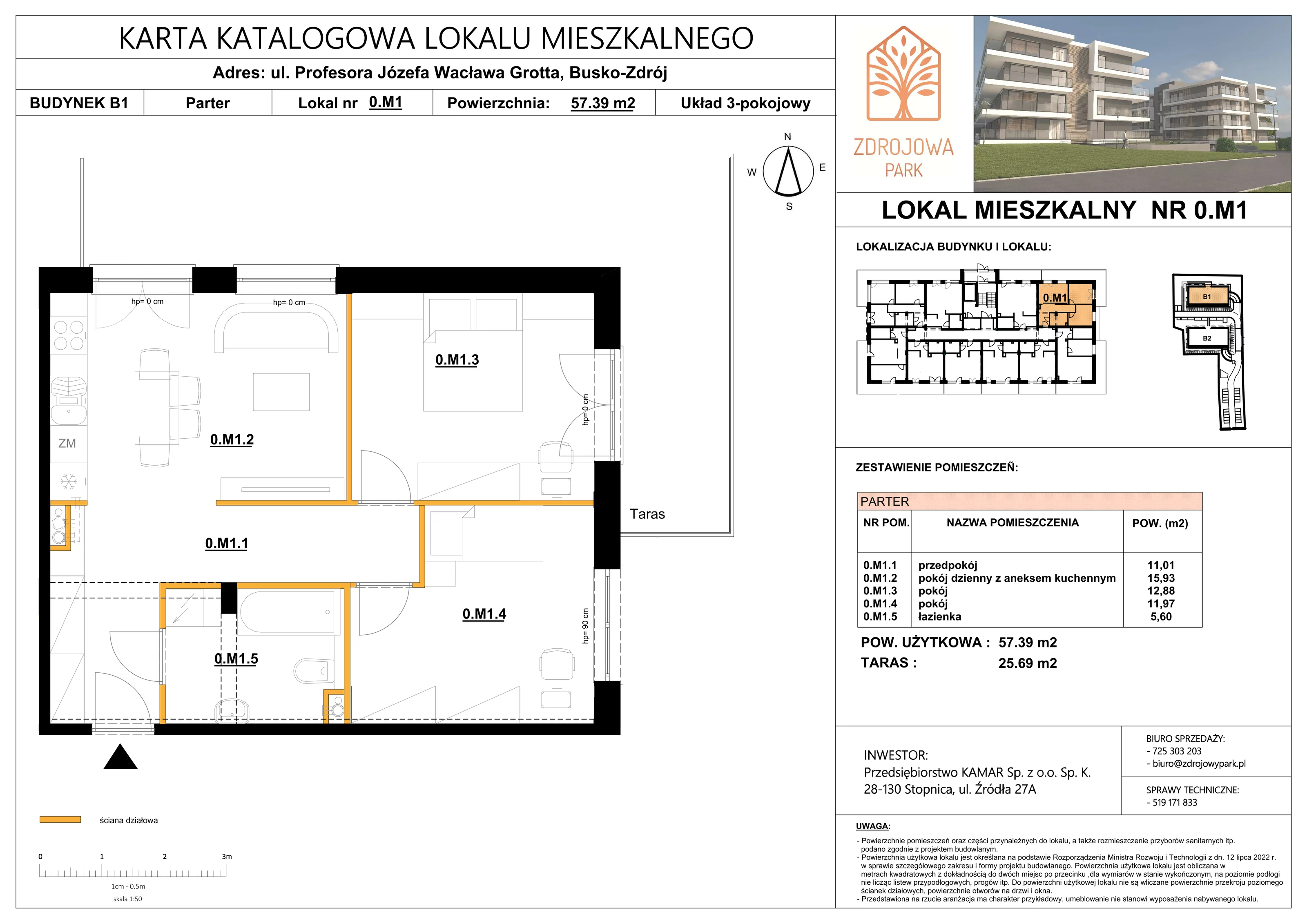 3 pokoje, mieszkanie 57,39 m², parter, oferta nr 0M1, Zdrojowa Park, Busko-Zdrój, ul. Prof. W. Grotta