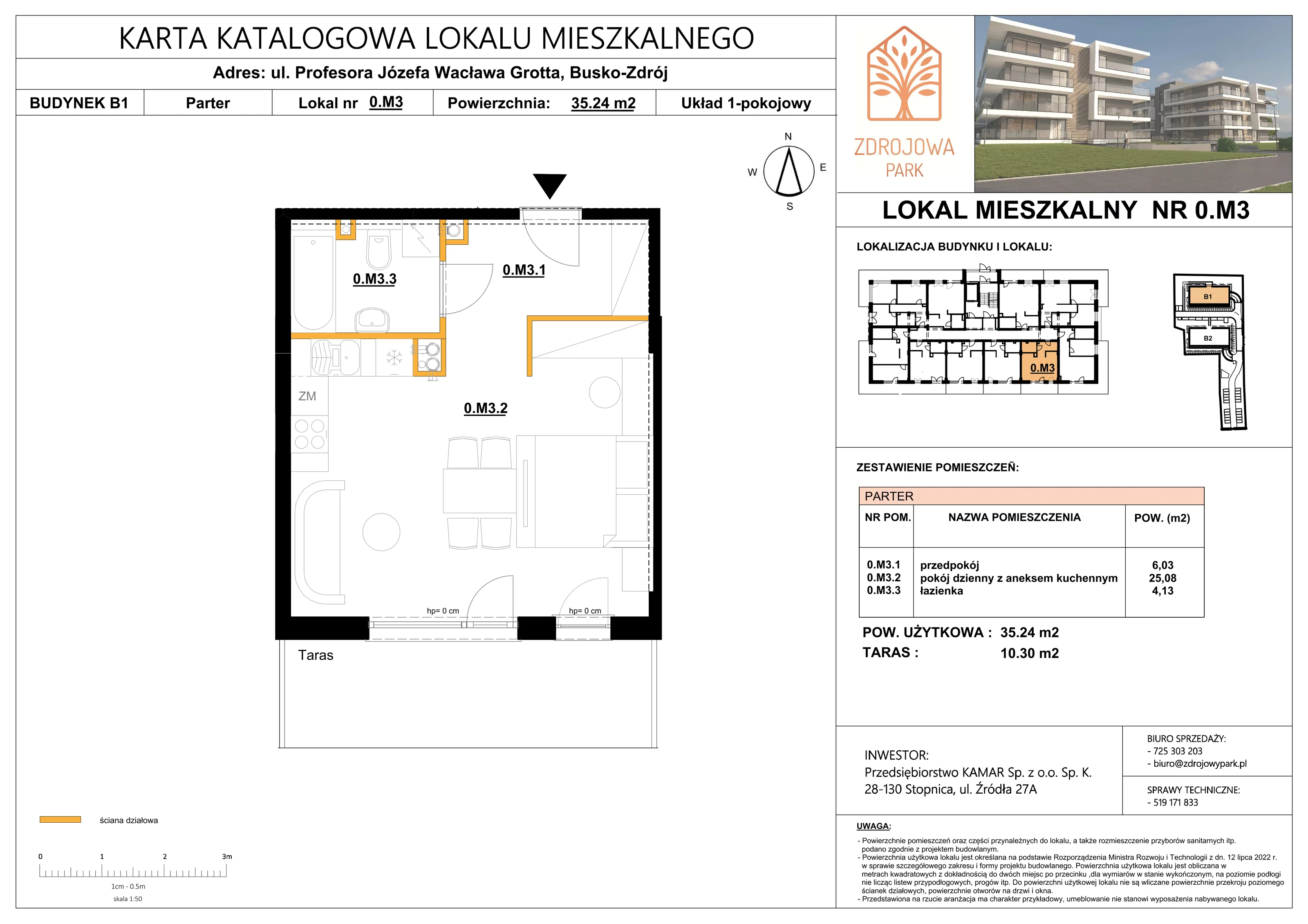 1 pokój, mieszkanie 35,24 m², parter, oferta nr 0M3, Zdrojowa Park, Busko-Zdrój, ul. Prof. W. Grotta