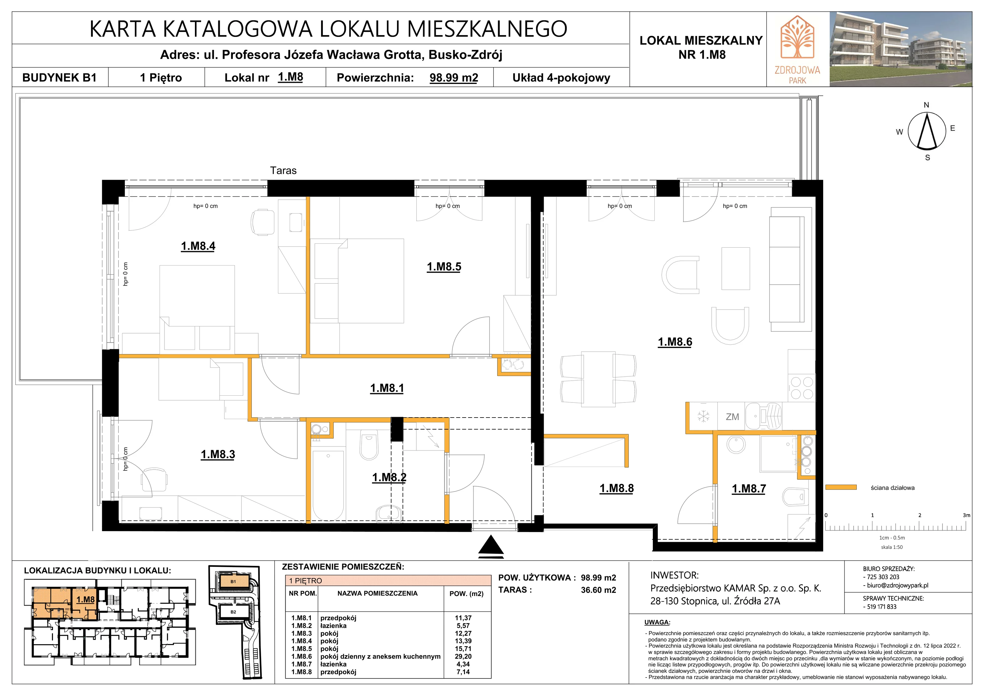 4 pokoje, mieszkanie 98,99 m², piętro 1, oferta nr 1M8, Zdrojowa Park, Busko-Zdrój, ul. Prof. W. Grotta