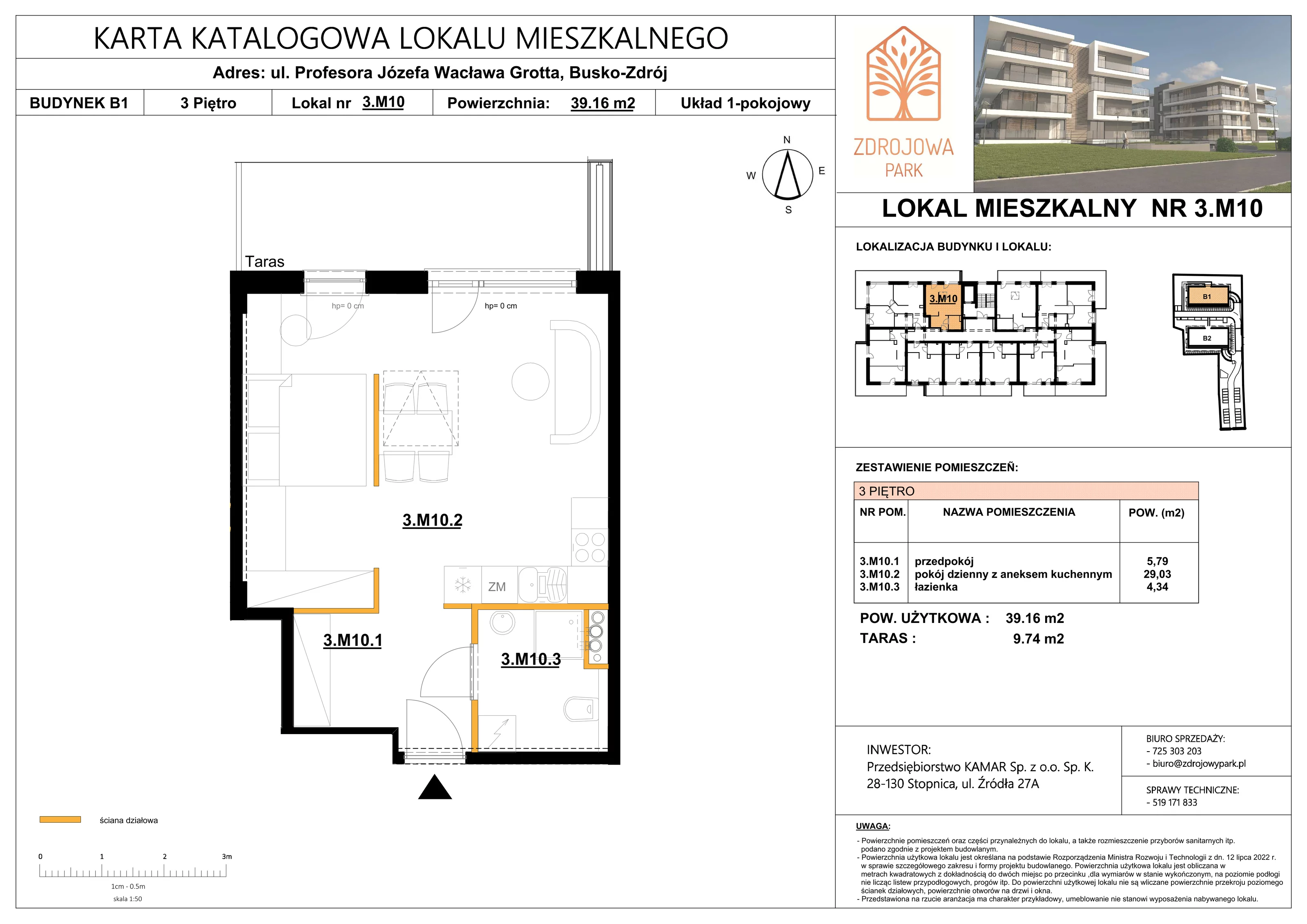 1 pokój, mieszkanie 39,16 m², piętro 3, oferta nr 3M10, Zdrojowa Park, Busko-Zdrój, ul. Prof. W. Grotta