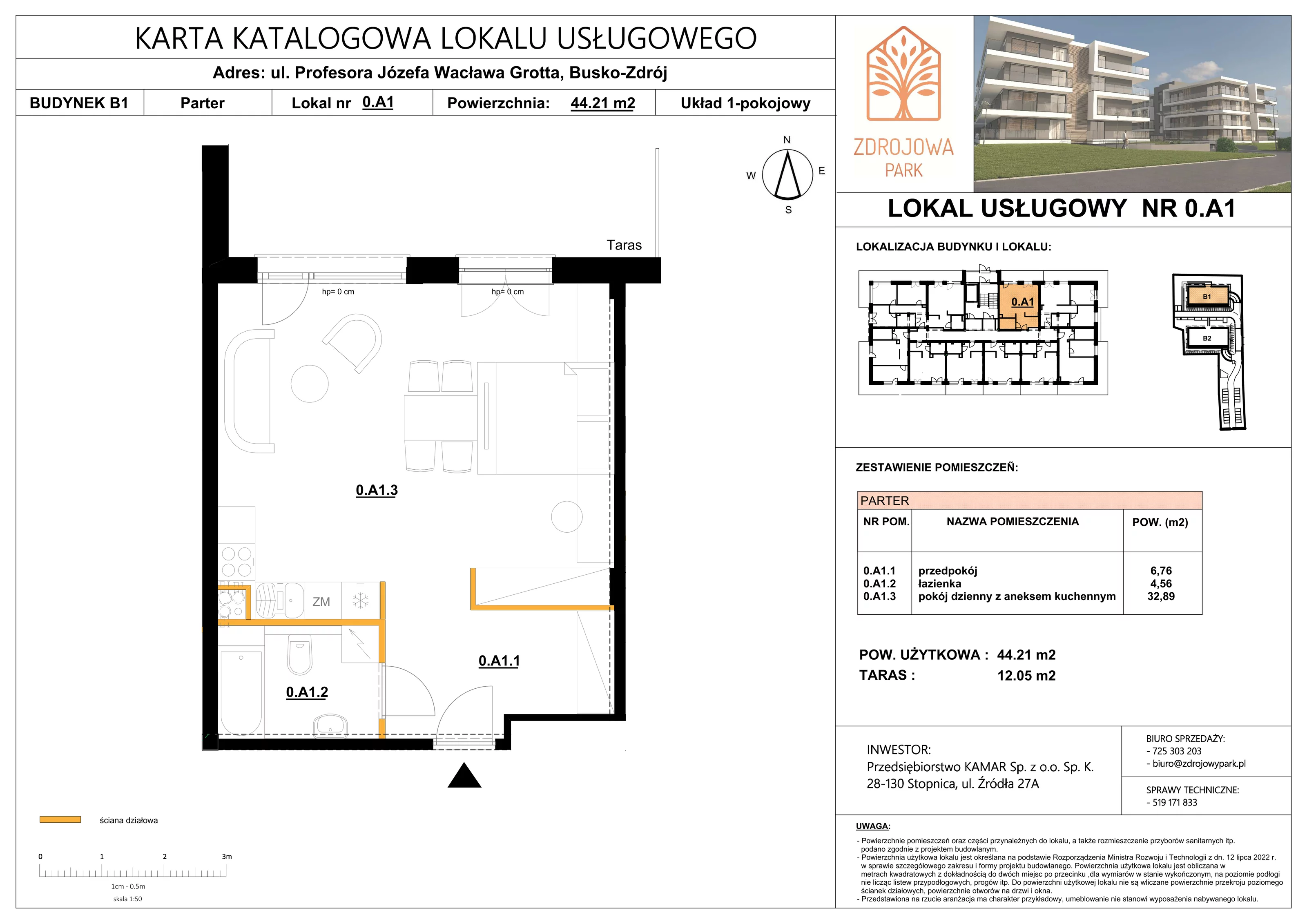 1 pokój, mieszkanie 44,21 m², parter, oferta nr 0A1, Zdrojowa Park, Busko-Zdrój, ul. Prof. W. Grotta