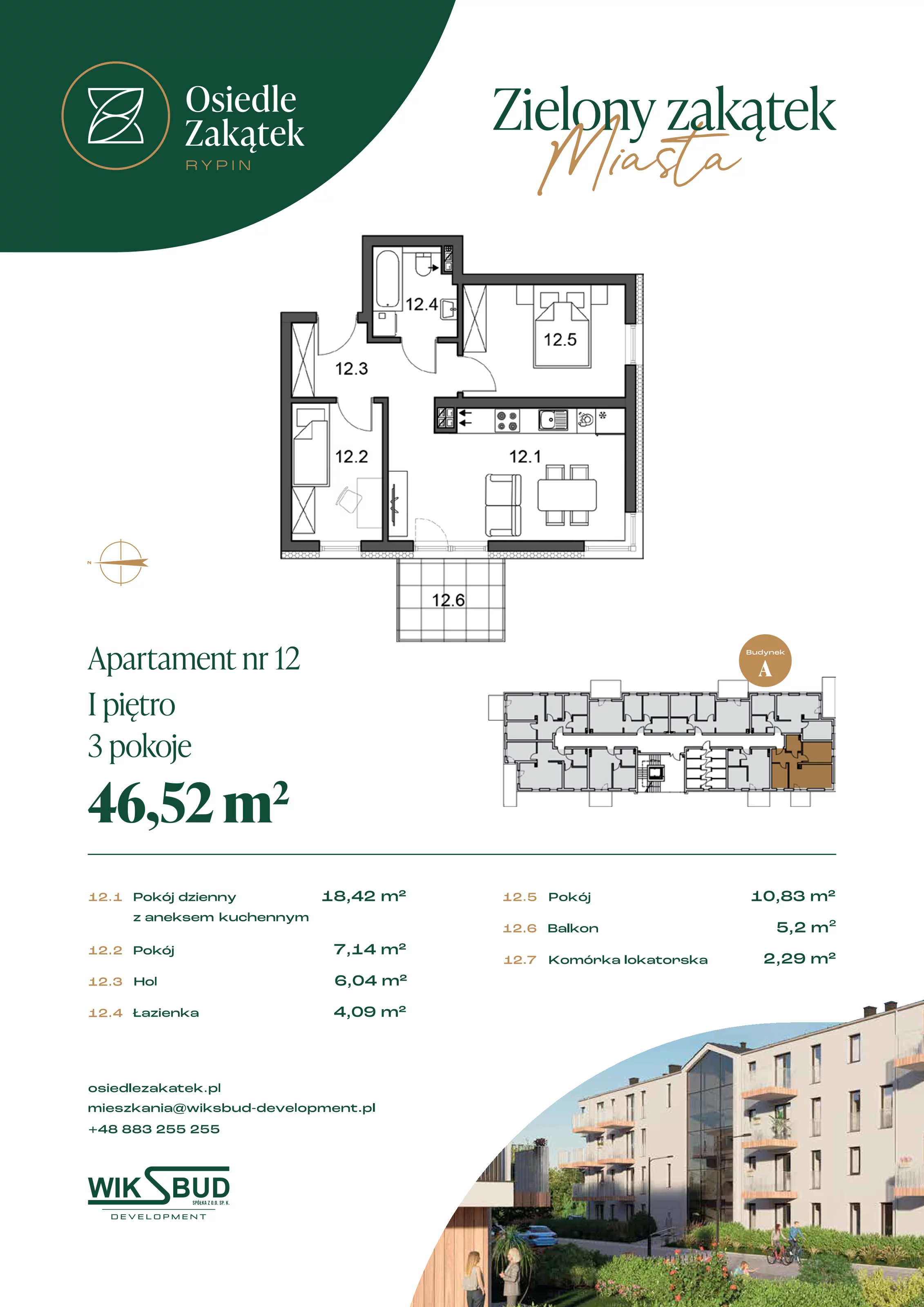 2 pokoje, mieszkanie 46,52 m², piętro 1, oferta nr 12, Osiedle Zakątek, Rypin, ul. 3 Maja