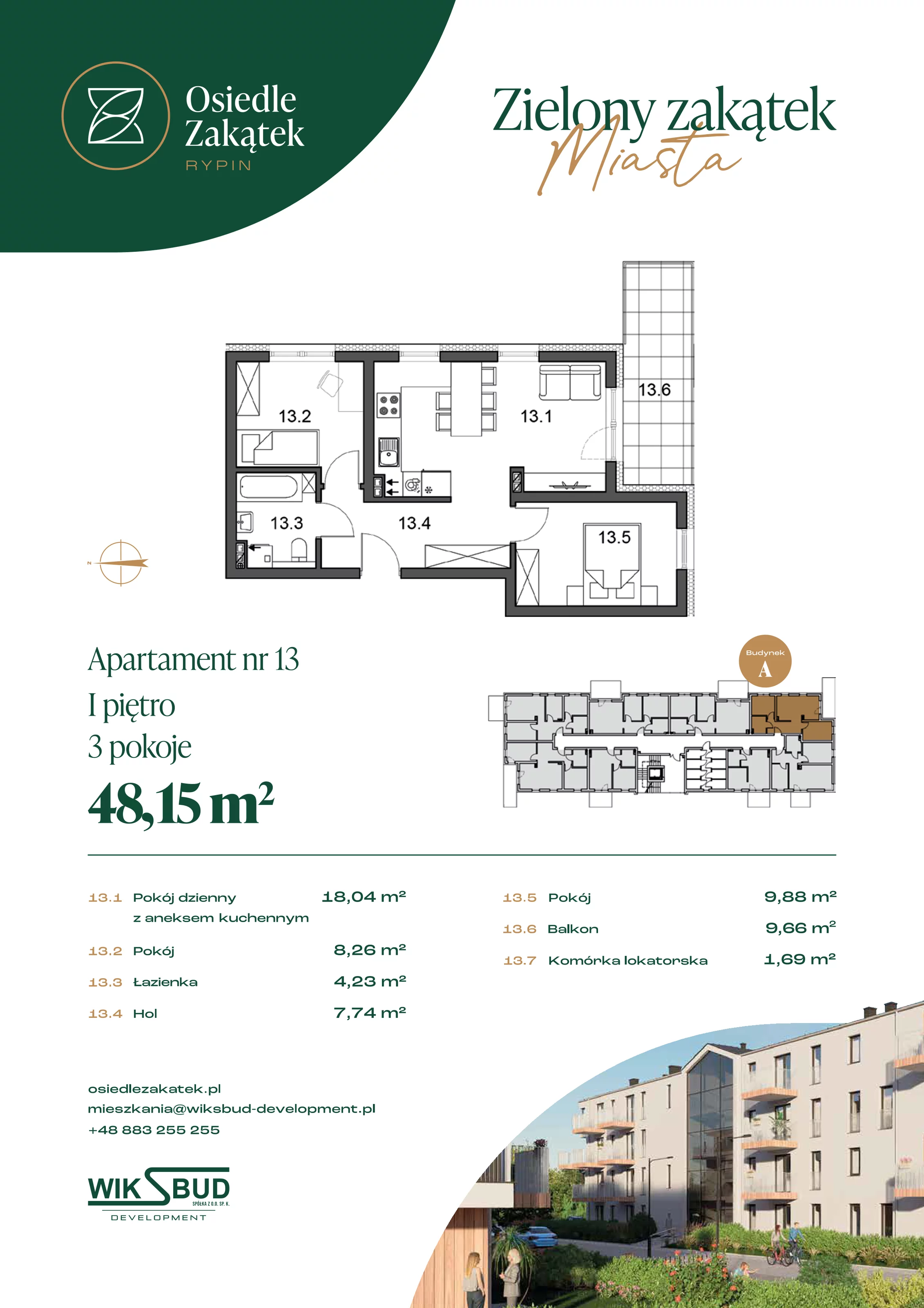 2 pokoje, mieszkanie 48,15 m², piętro 1, oferta nr 13, Osiedle Zakątek, Rypin, ul. 3 Maja