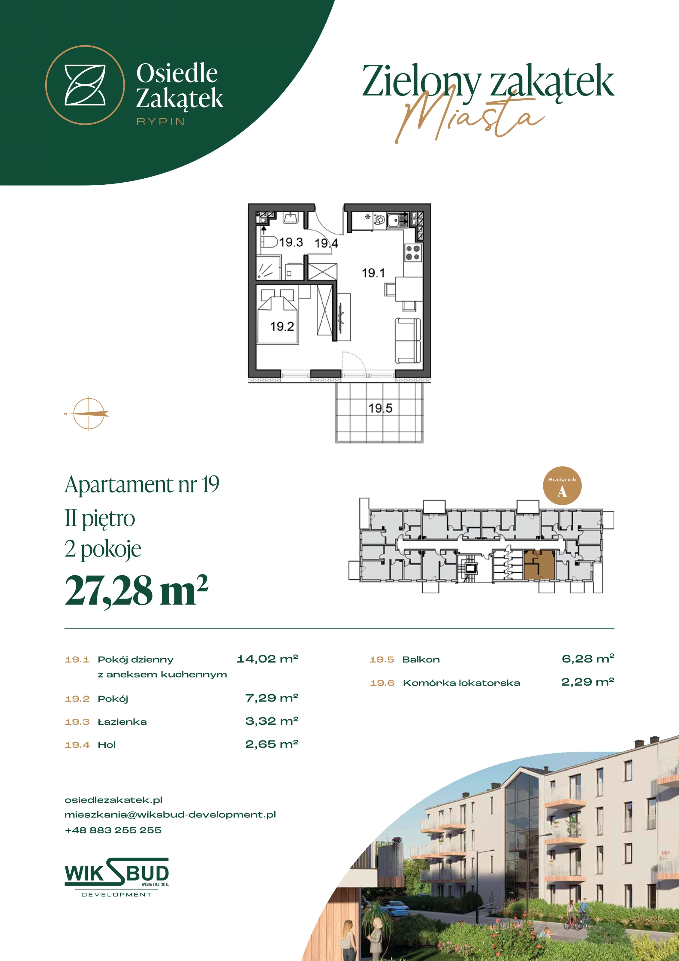1 pokój, mieszkanie 27,28 m², piętro 2, oferta nr 19, Osiedle Zakątek, Rypin, ul. 3 Maja
