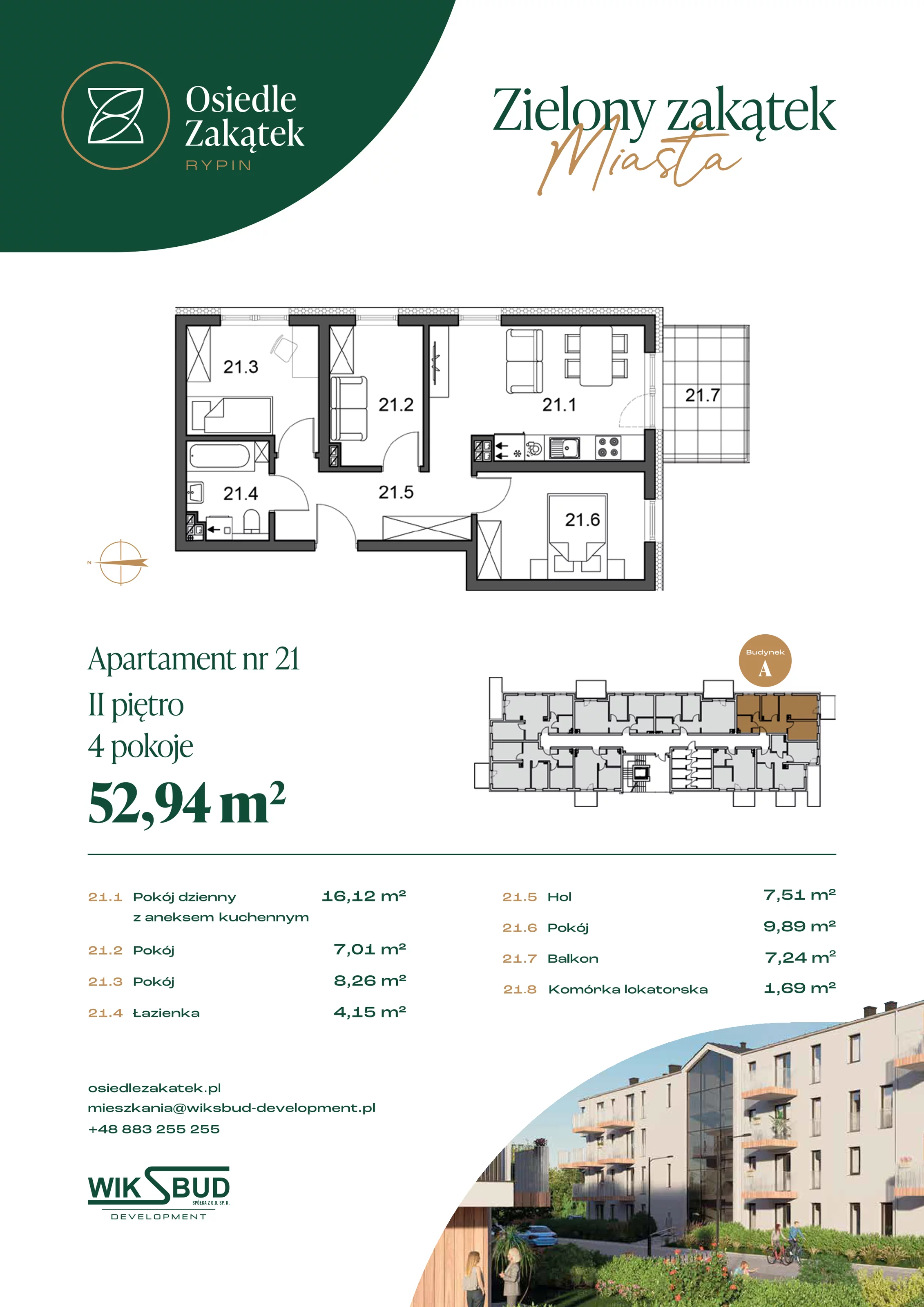 3 pokoje, mieszkanie 52,94 m², piętro 2, oferta nr 21, Osiedle Zakątek, Rypin, ul. 3 Maja