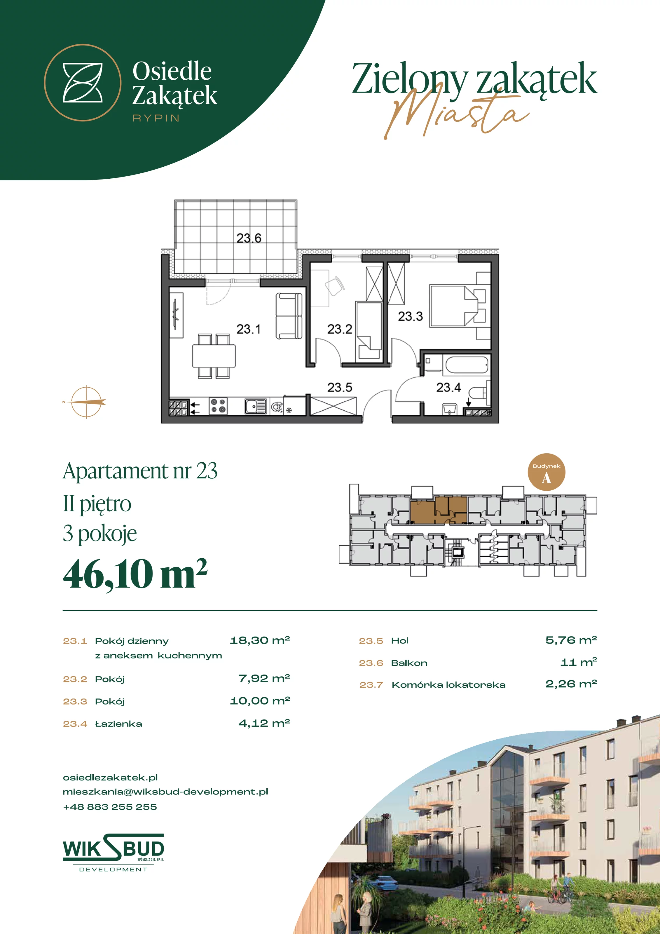 2 pokoje, mieszkanie 46,10 m², piętro 2, oferta nr 23, Osiedle Zakątek, Rypin, ul. 3 Maja