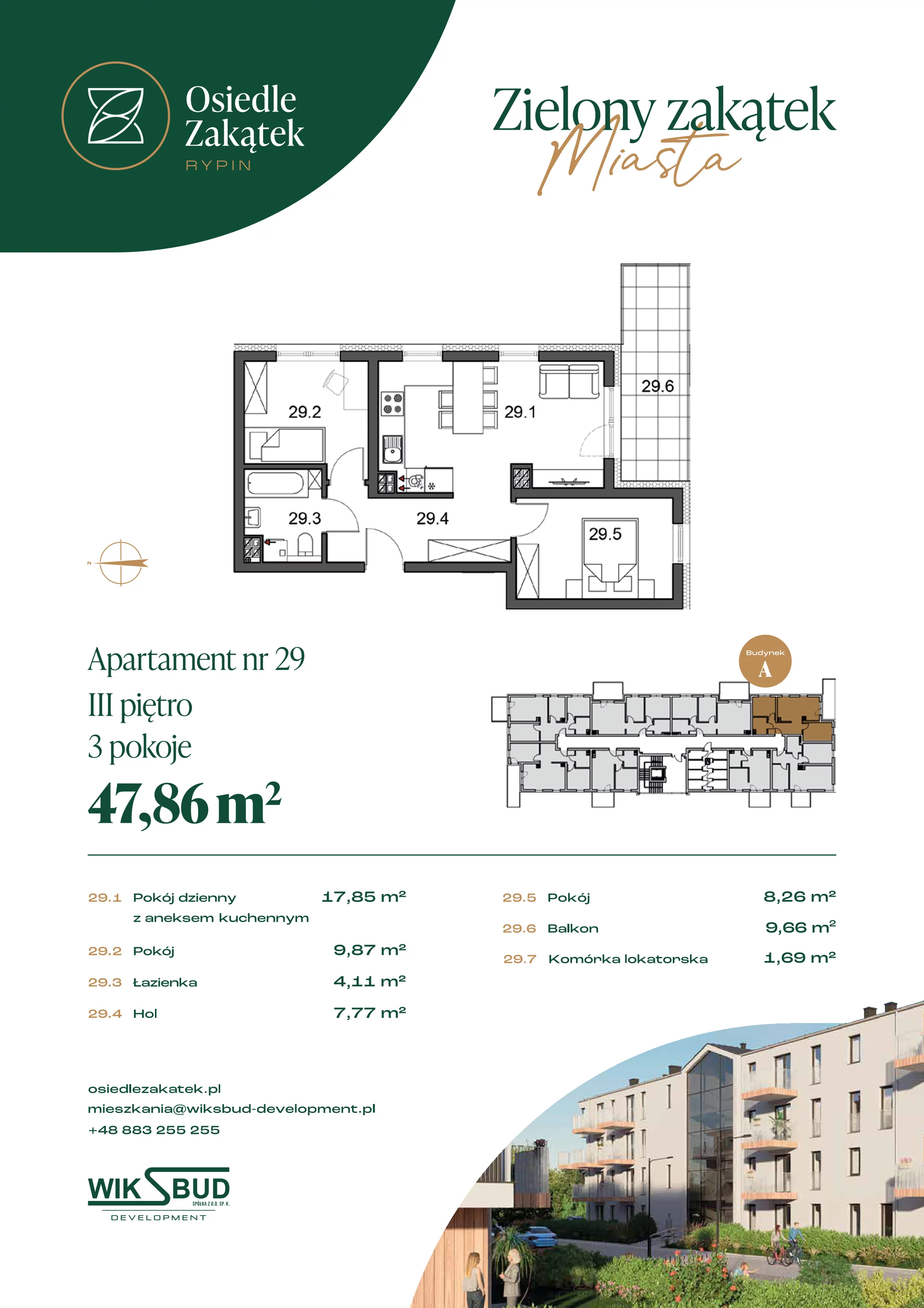 2 pokoje, mieszkanie 47,86 m², piętro 3, oferta nr 29, Osiedle Zakątek, Rypin, ul. 3 Maja