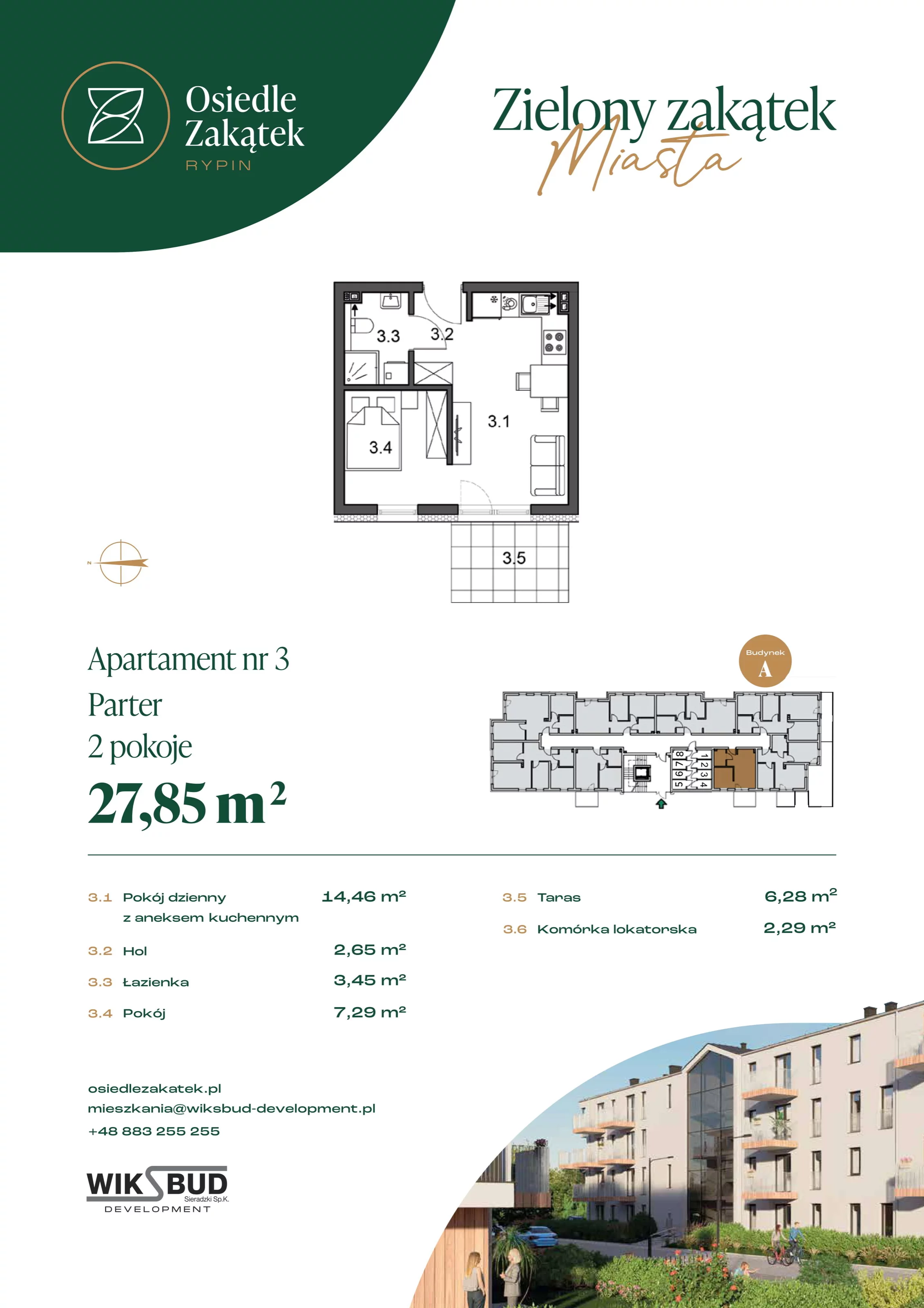1 pokój, mieszkanie 27,85 m², parter, oferta nr 3, Osiedle Zakątek, Rypin, ul. 3 Maja