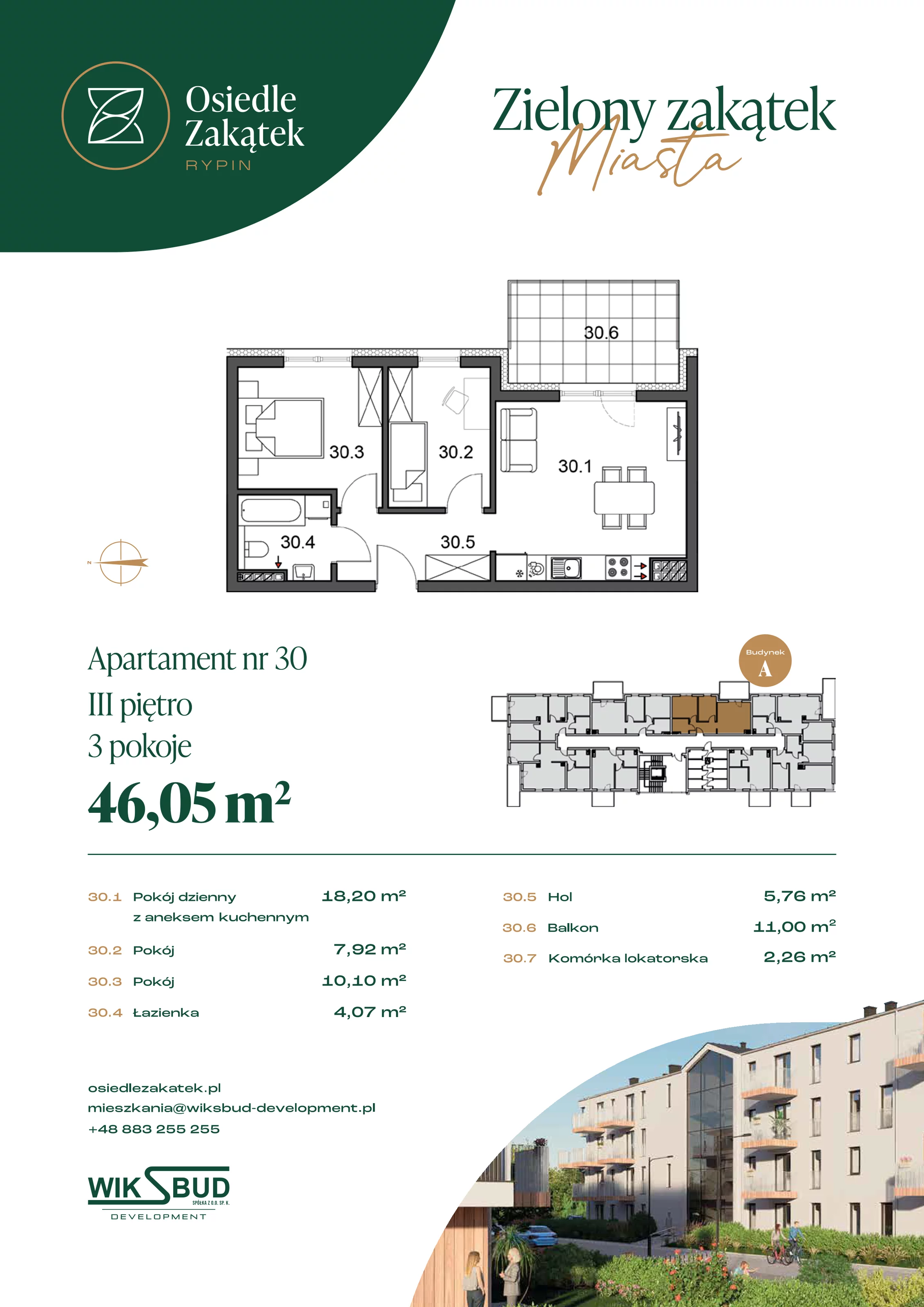 2 pokoje, mieszkanie 46,05 m², piętro 3, oferta nr 30, Osiedle Zakątek, Rypin, ul. 3 Maja