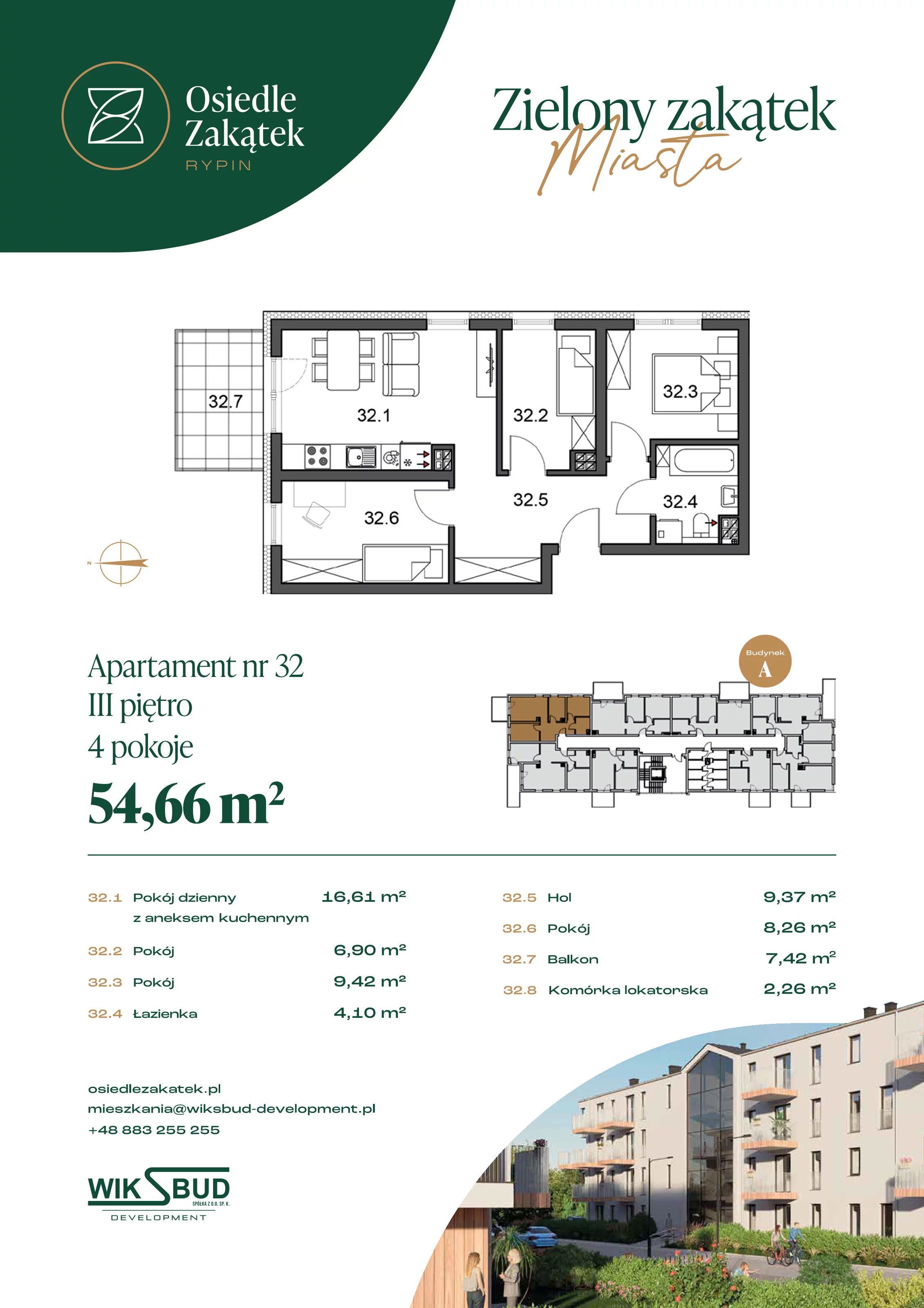 3 pokoje, mieszkanie 54,66 m², piętro 3, oferta nr 32, Osiedle Zakątek, Rypin, ul. 3 Maja