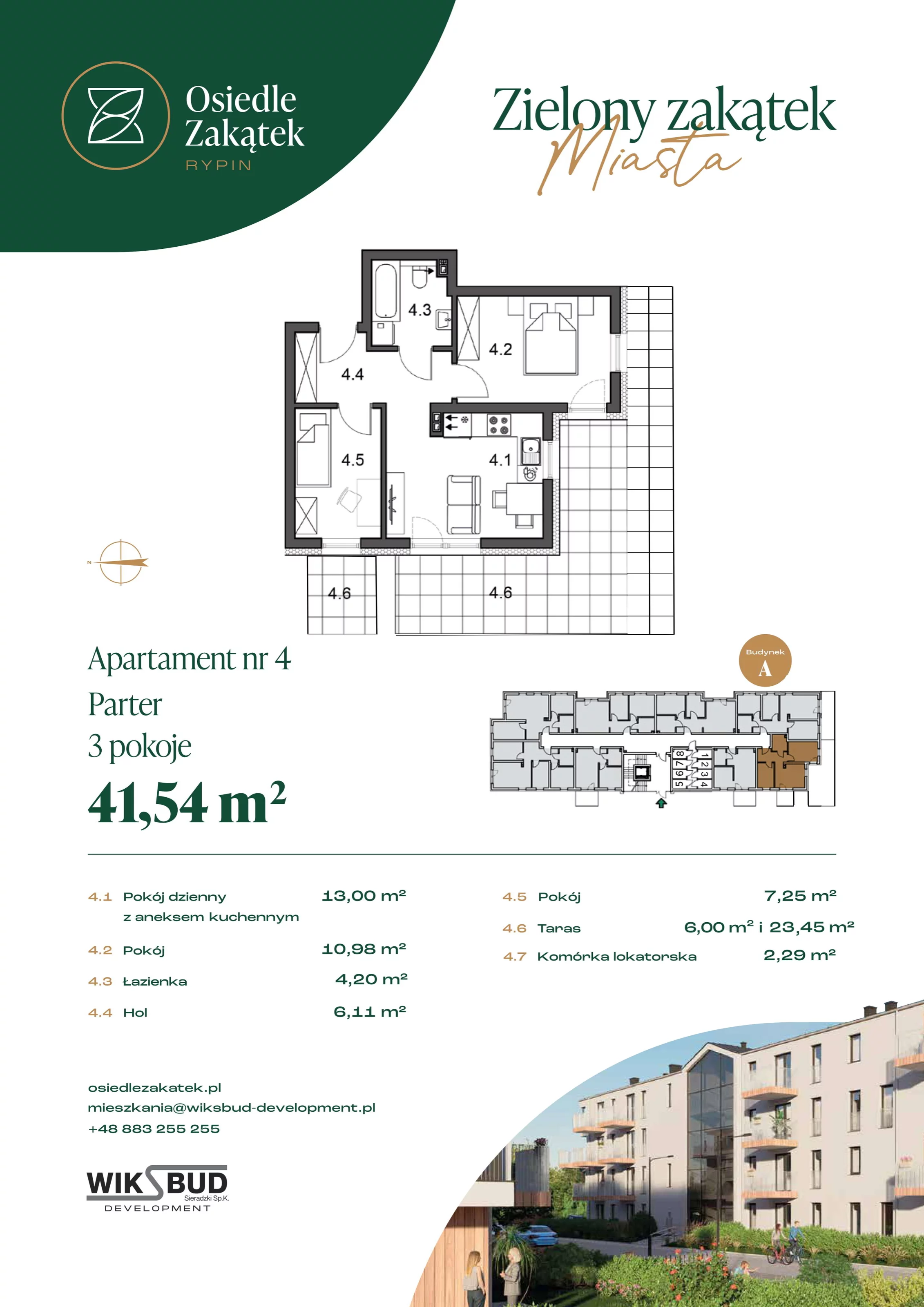 2 pokoje, mieszkanie 41,54 m², parter, oferta nr 4, Osiedle Zakątek, Rypin, ul. 3 Maja