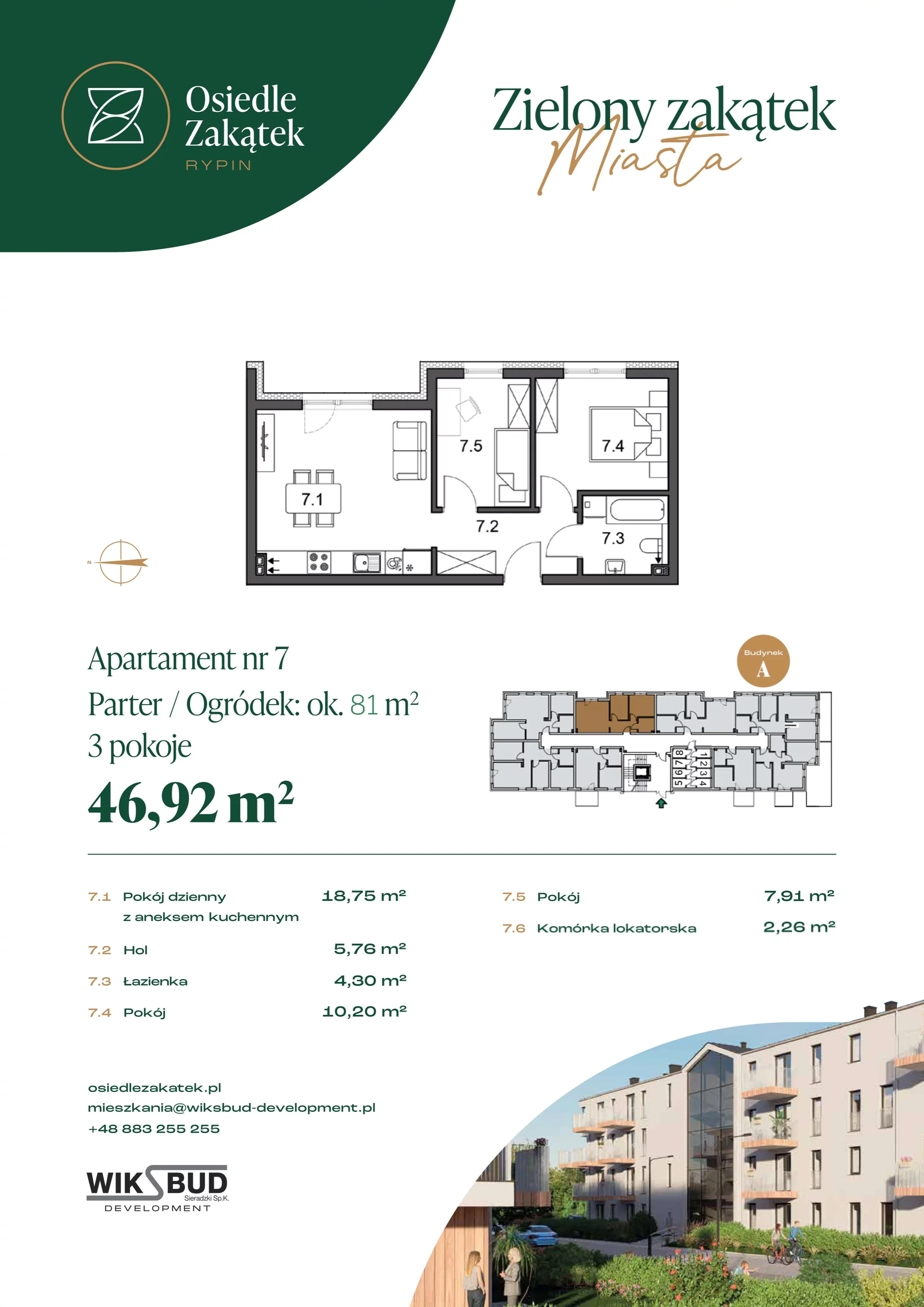 2 pokoje, mieszkanie 46,92 m², parter, oferta nr 7, Osiedle Zakątek, Rypin, ul. 3 Maja