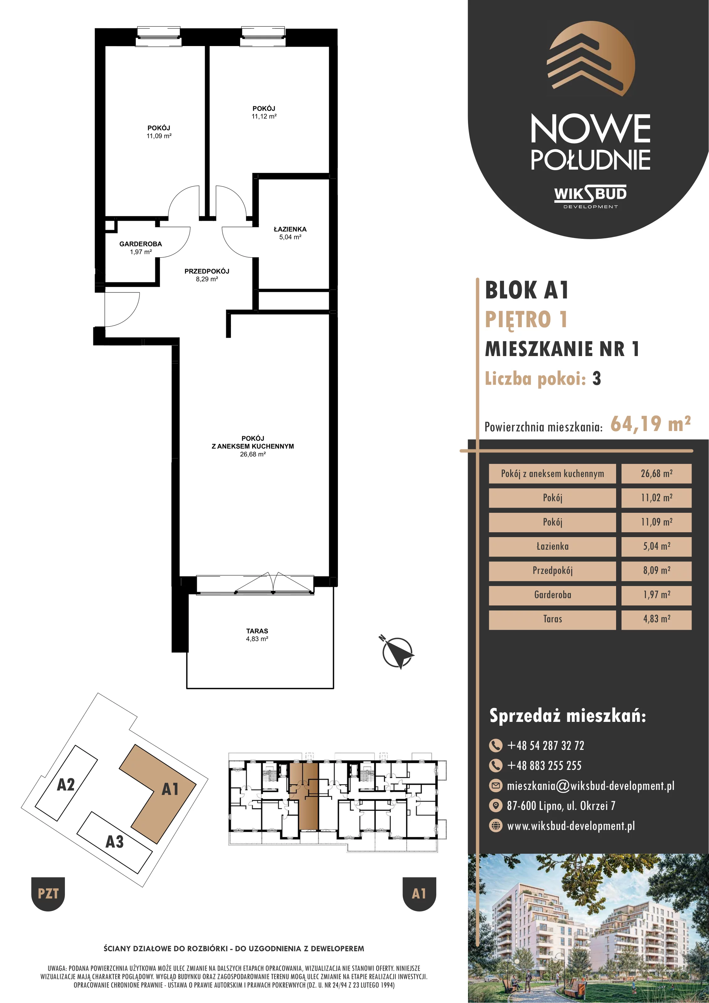 3 pokoje, mieszkanie 62,65 m², piętro 1, oferta nr M.A1.01.01, Nowe Południe, Włocławek, Południe, ul. Kazimierza Łady 10