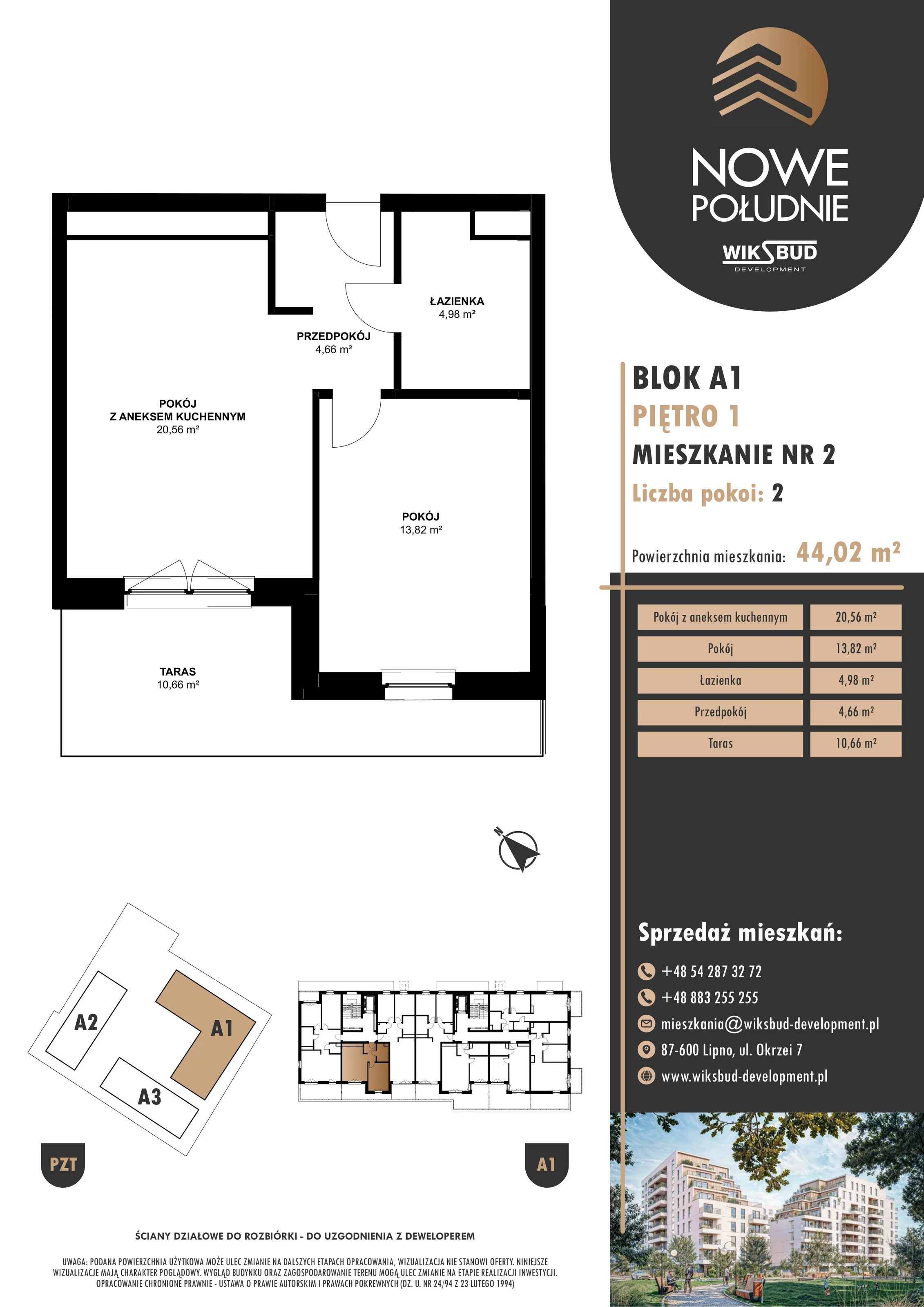 2 pokoje, mieszkanie 44,02 m², piętro 1, oferta nr M.A1.01.02, Nowe Południe, Włocławek, Południe, ul. Kazimierza Łady 10