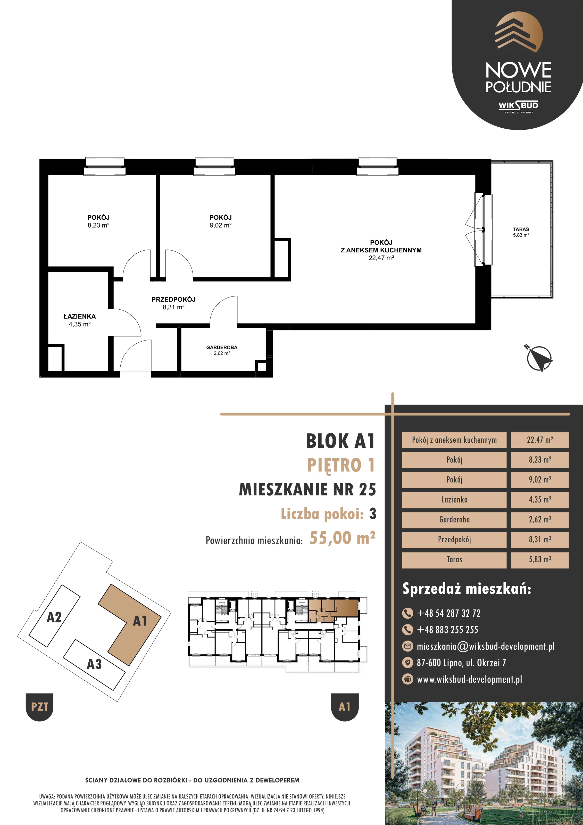 3 pokoje, mieszkanie 55,00 m², piętro 1, oferta nr M.A1.01.25, Nowe Południe, Włocławek, Południe, ul. Kazimierza Łady 10