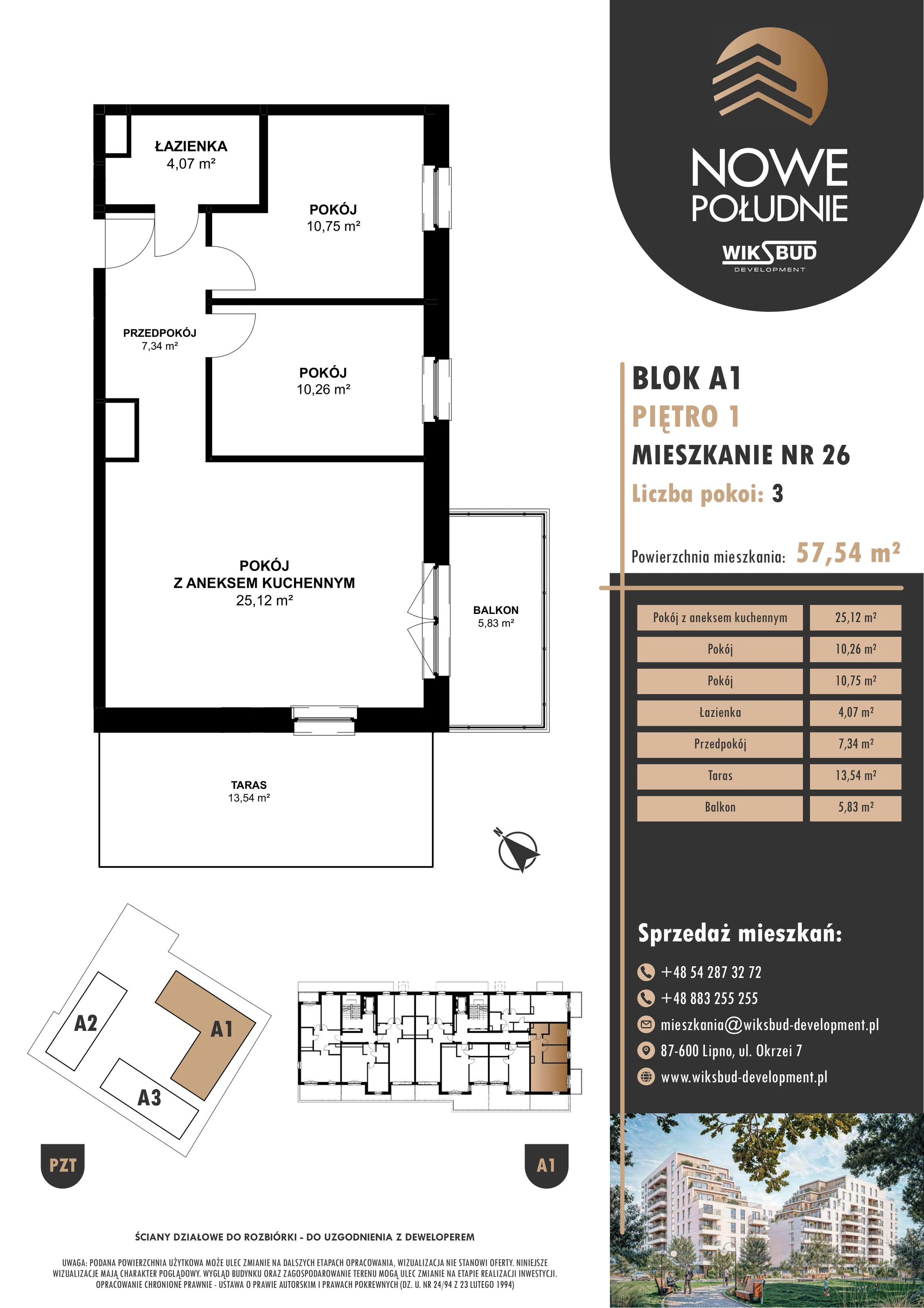 3 pokoje, mieszkanie 57,54 m², piętro 1, oferta nr M.A1.01.26, Nowe Południe, Włocławek, Południe, ul. Kazimierza Łady 10