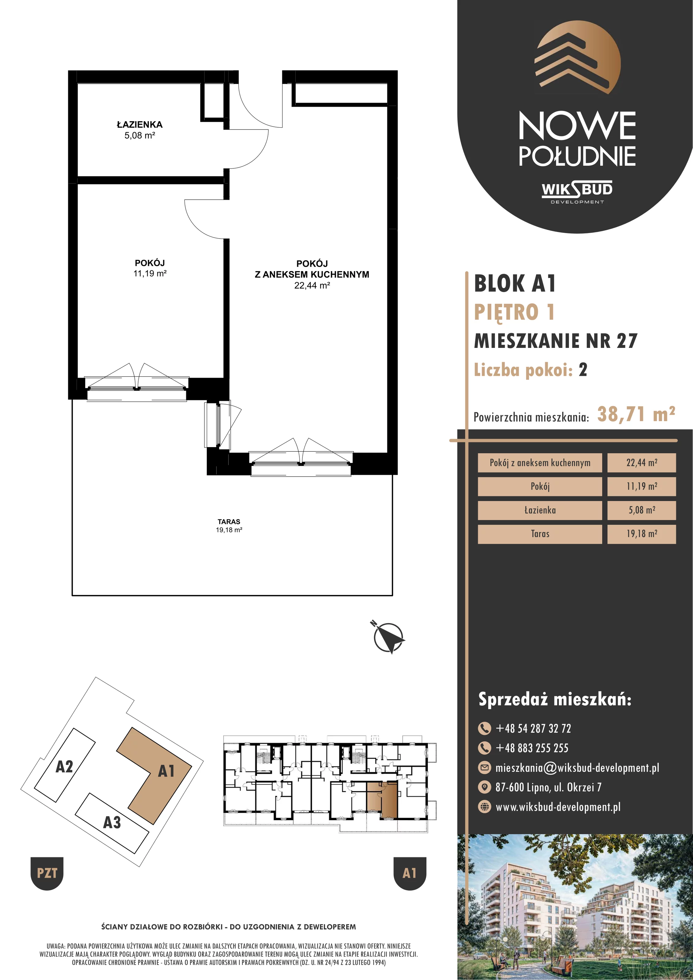 2 pokoje, mieszkanie 38,71 m², piętro 1, oferta nr M.A1.01.27, Nowe Południe, Włocławek, Południe, ul. Kazimierza Łady 10
