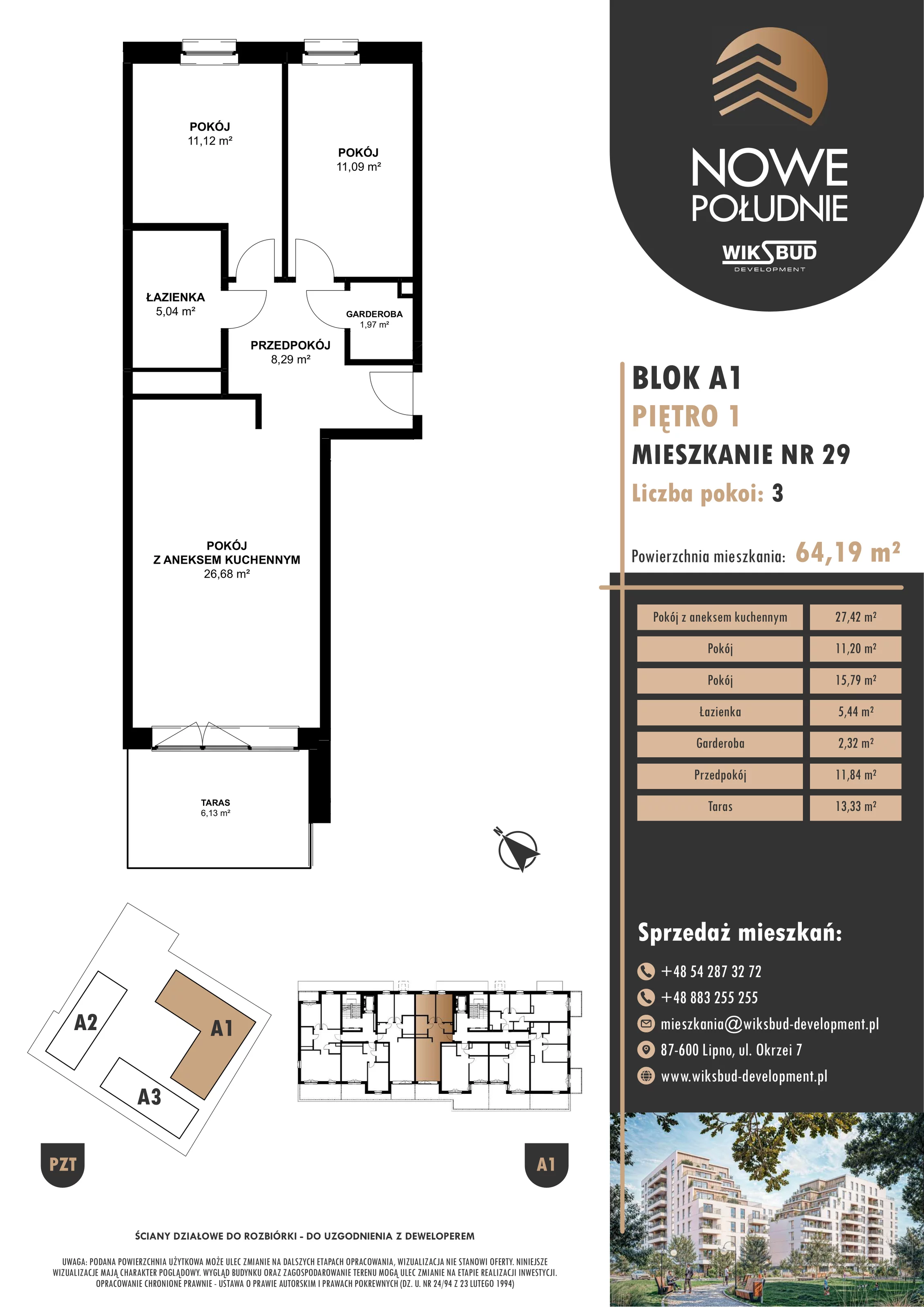 3 pokoje, mieszkanie 62,65 m², piętro 1, oferta nr M.A1.01.29, Nowe Południe, Włocławek, Południe, ul. Kazimierza Łady 10