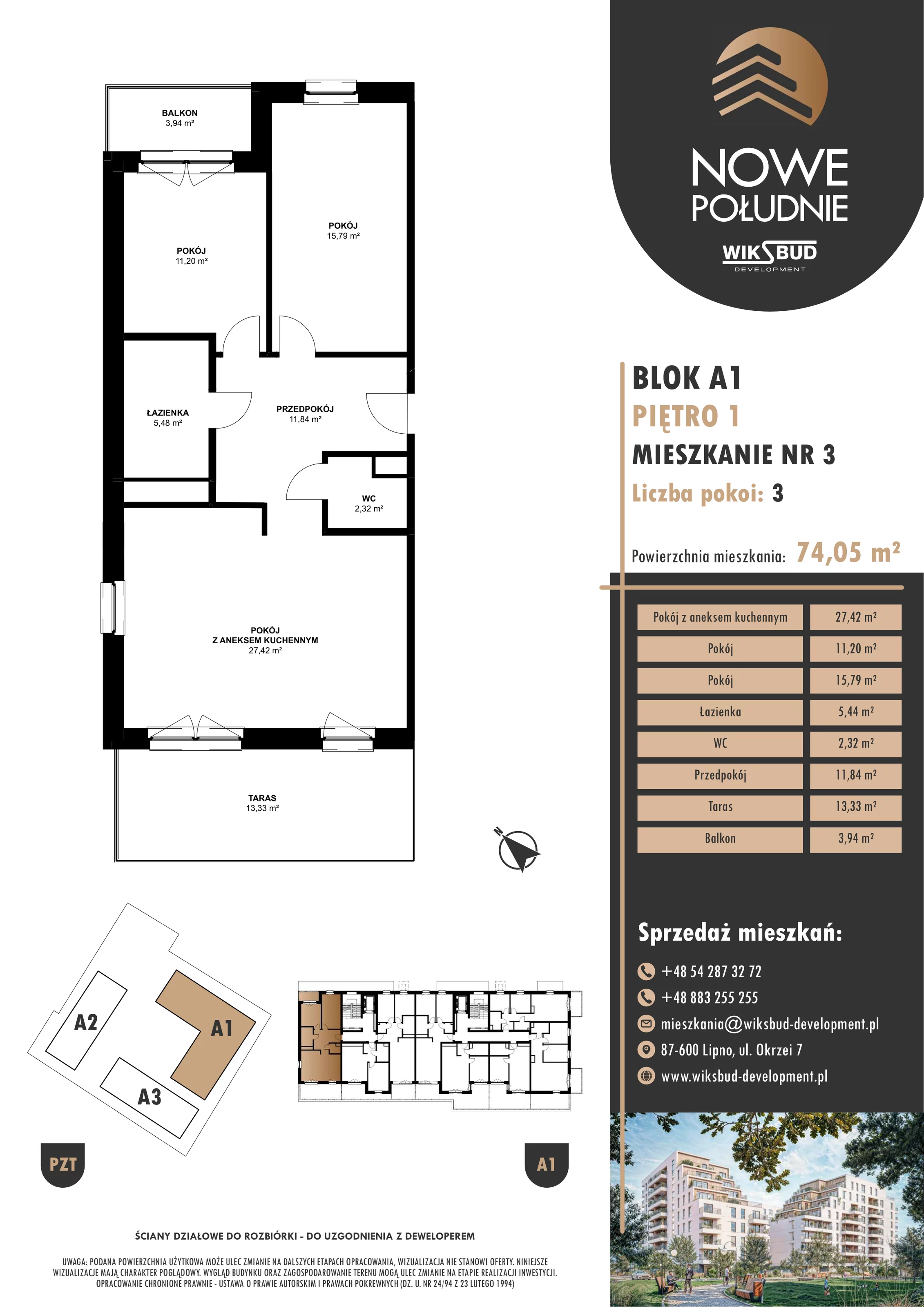 3 pokoje, mieszkanie 74,05 m², piętro 1, oferta nr M.A1.01.03, Nowe Południe, Włocławek, Południe, ul. Kazimierza Łady 10