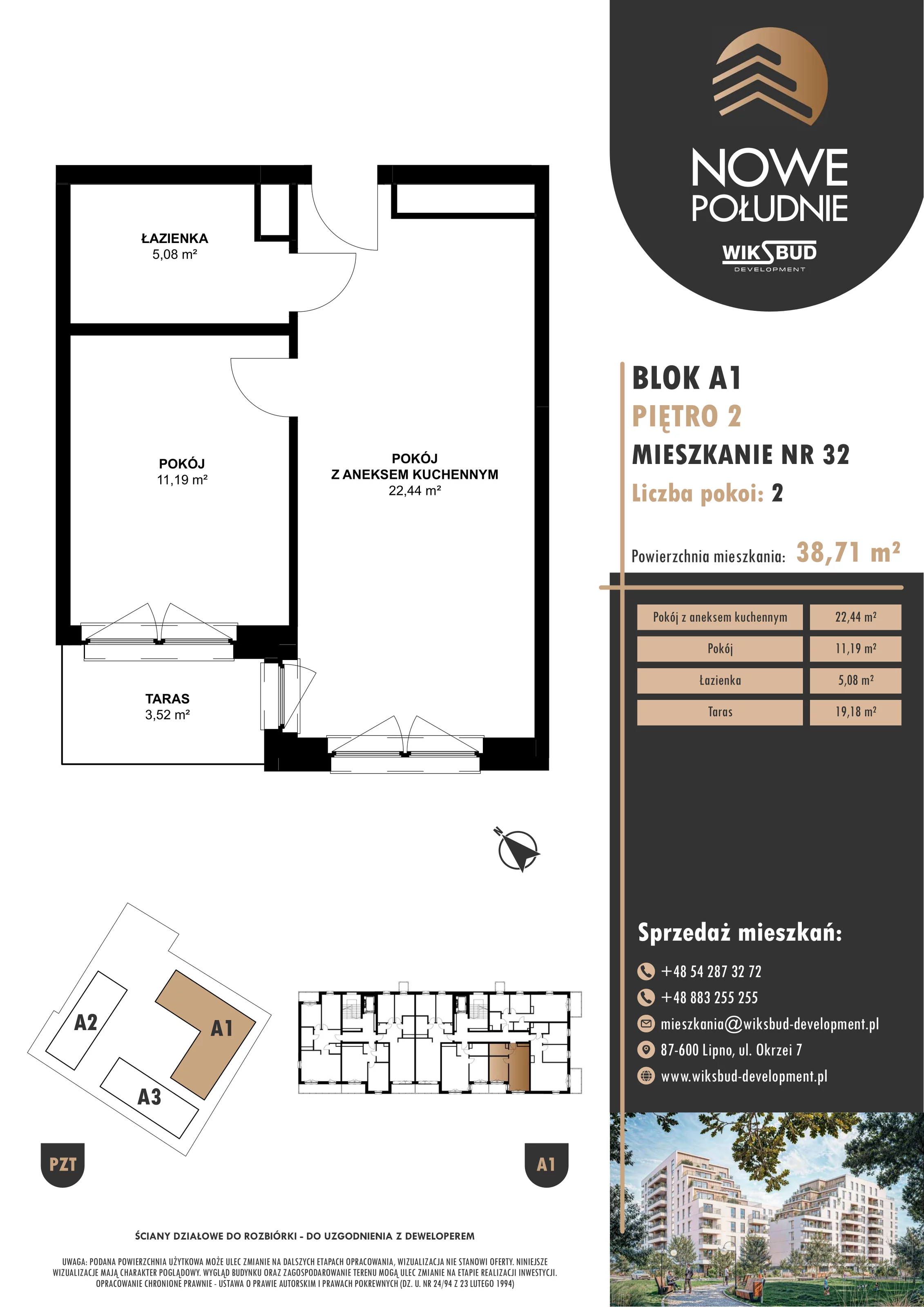 2 pokoje, mieszkanie 38,71 m², piętro 2, oferta nr M.A1.02.32, Nowe Południe, Włocławek, Południe, ul. Kazimierza Łady 10