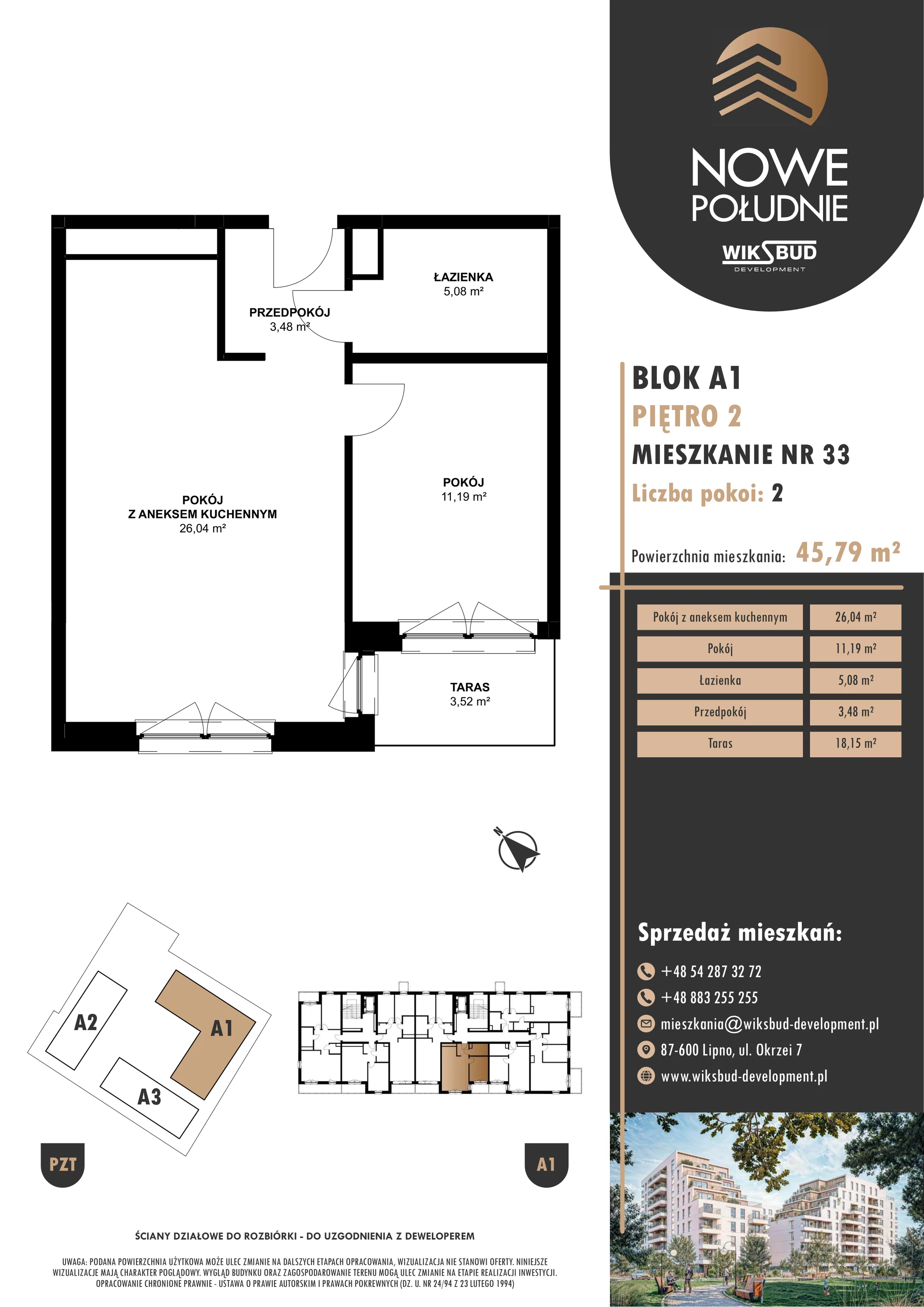 2 pokoje, mieszkanie 45,79 m², piętro 2, oferta nr M.A1.02.33, Nowe Południe, Włocławek, Południe, ul. Kazimierza Łady 10